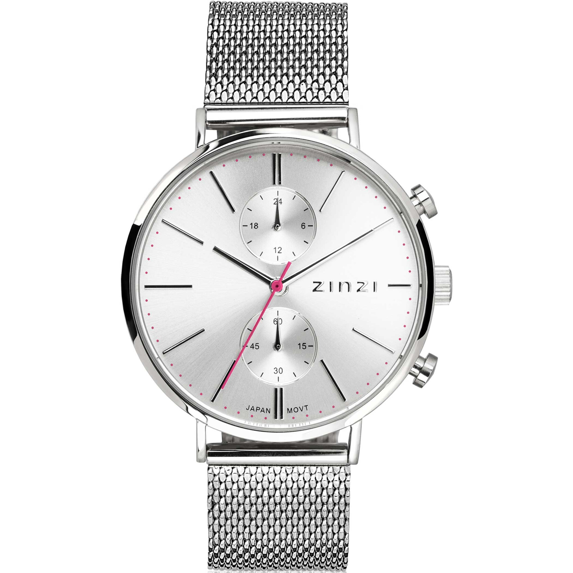 ZINZI Traveller horloge zilvergekleurde wijzerplaat en kast stalen mesh band 39mm dual time ZIW702M
