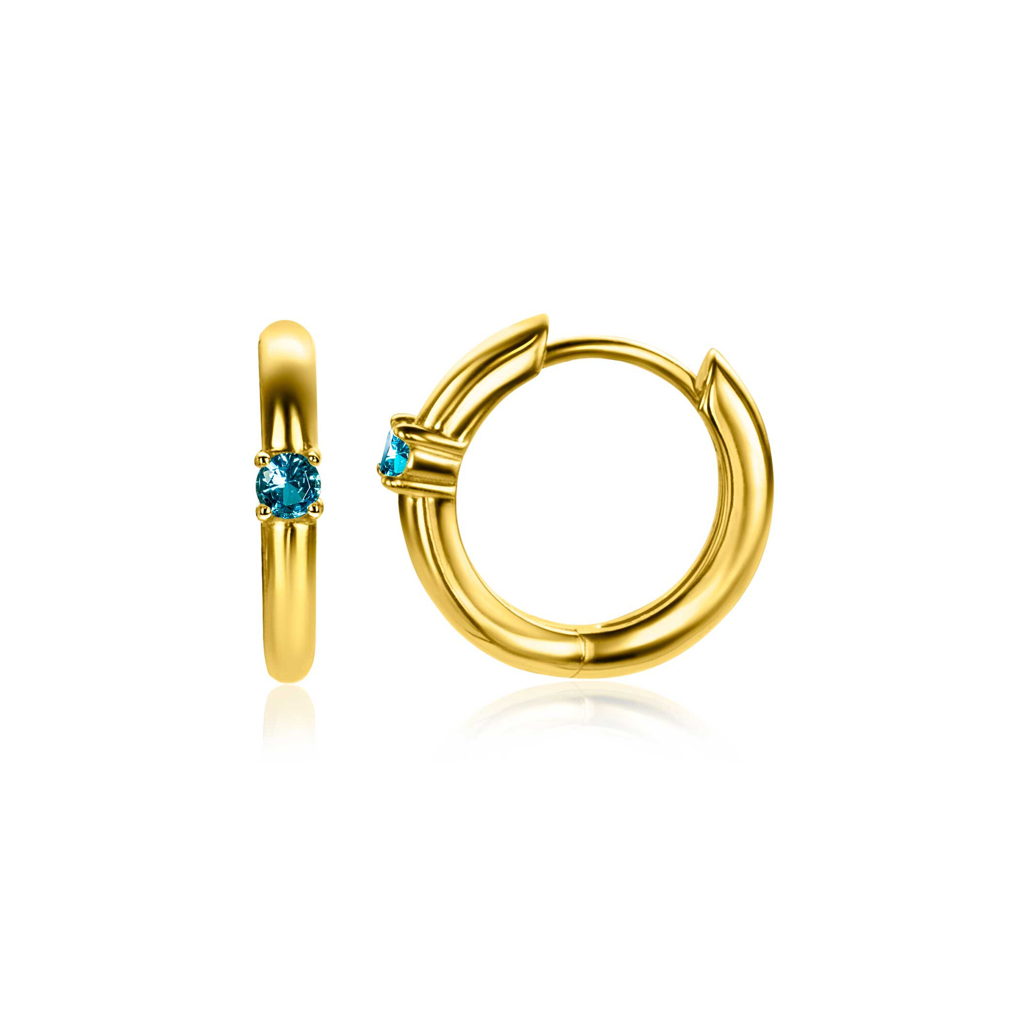 MAART oorringen 13mm gold plated met geboortesteen blauw aquamarijn zirconia 
