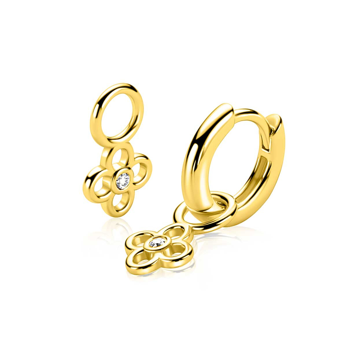 7mm ZINZI gold plated zilveren oorbedel in open klaver vier vorm, bezet met een witte zirkonia in het midden ZICH2885Y (zonder oorringen)