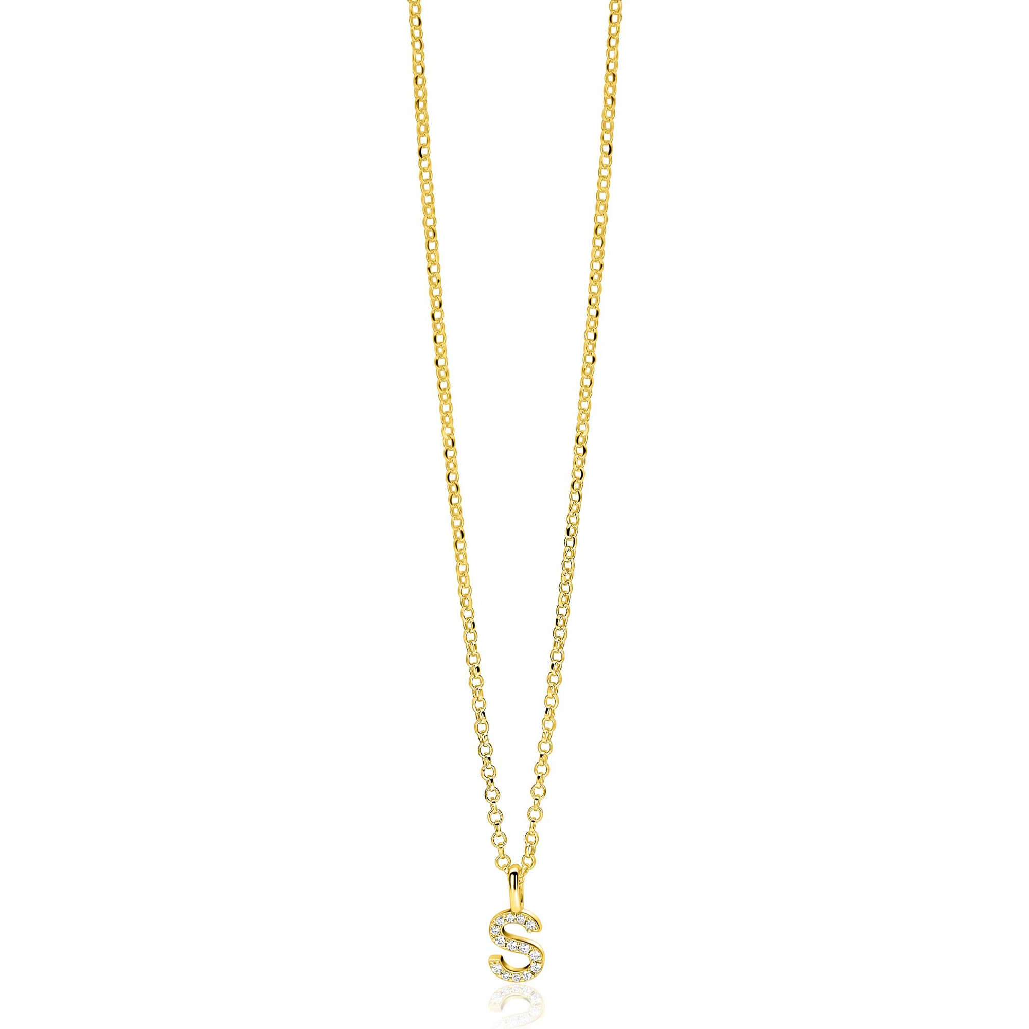 ZINZI gold plated zilveren letter hanger S bezet met witte zirkonia's ZIH2828-S (zonder ketting)
