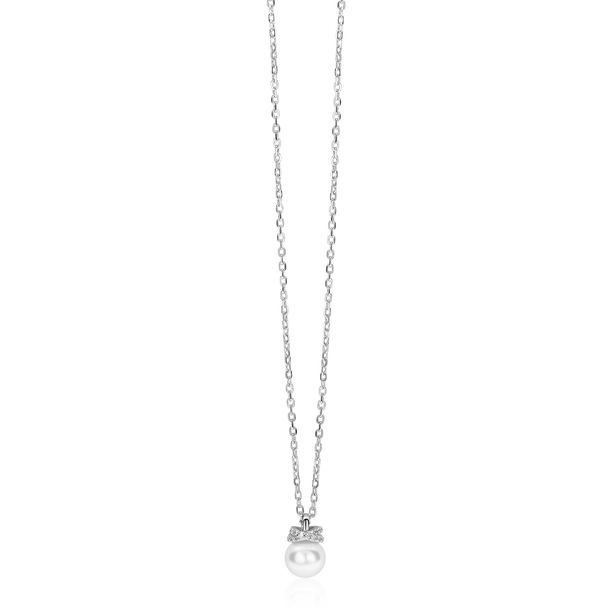 ZINZI zilveren ketting met een witte parelhanger (12mm) en een strikvormige zetting bezet met witte zirkonia’s 42-45cm ZIC2863