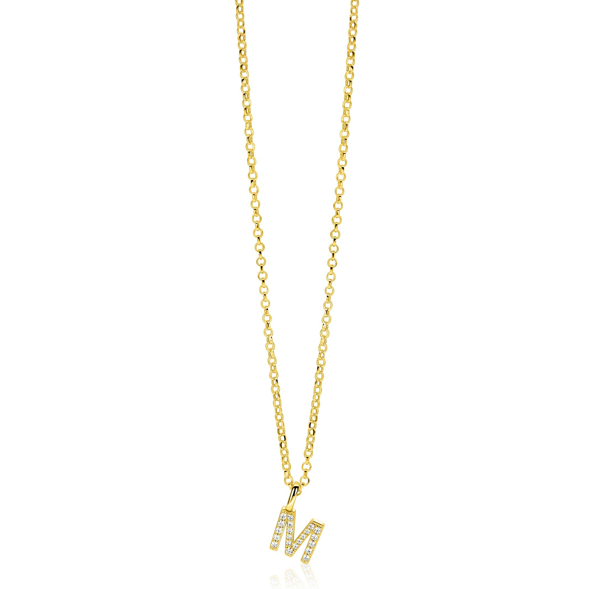 ZINZI gold plated zilveren letter hanger M bezet met witte zirkonia's ZIH2828-M (zonder ketting)