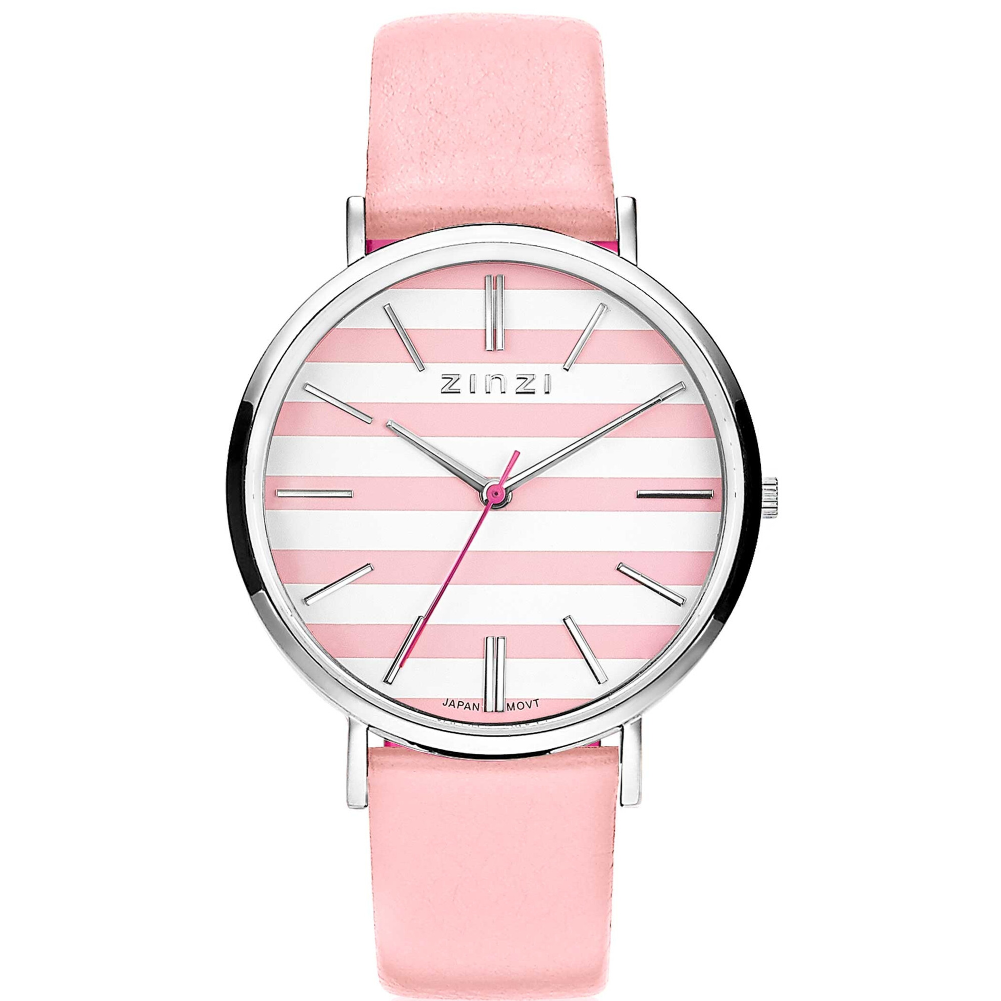 Zinzi Retro horloge roze-wit gestreepte wijzerplaat zilvergekleurde kast roze leren band 38mm extra dun ZIW419R
