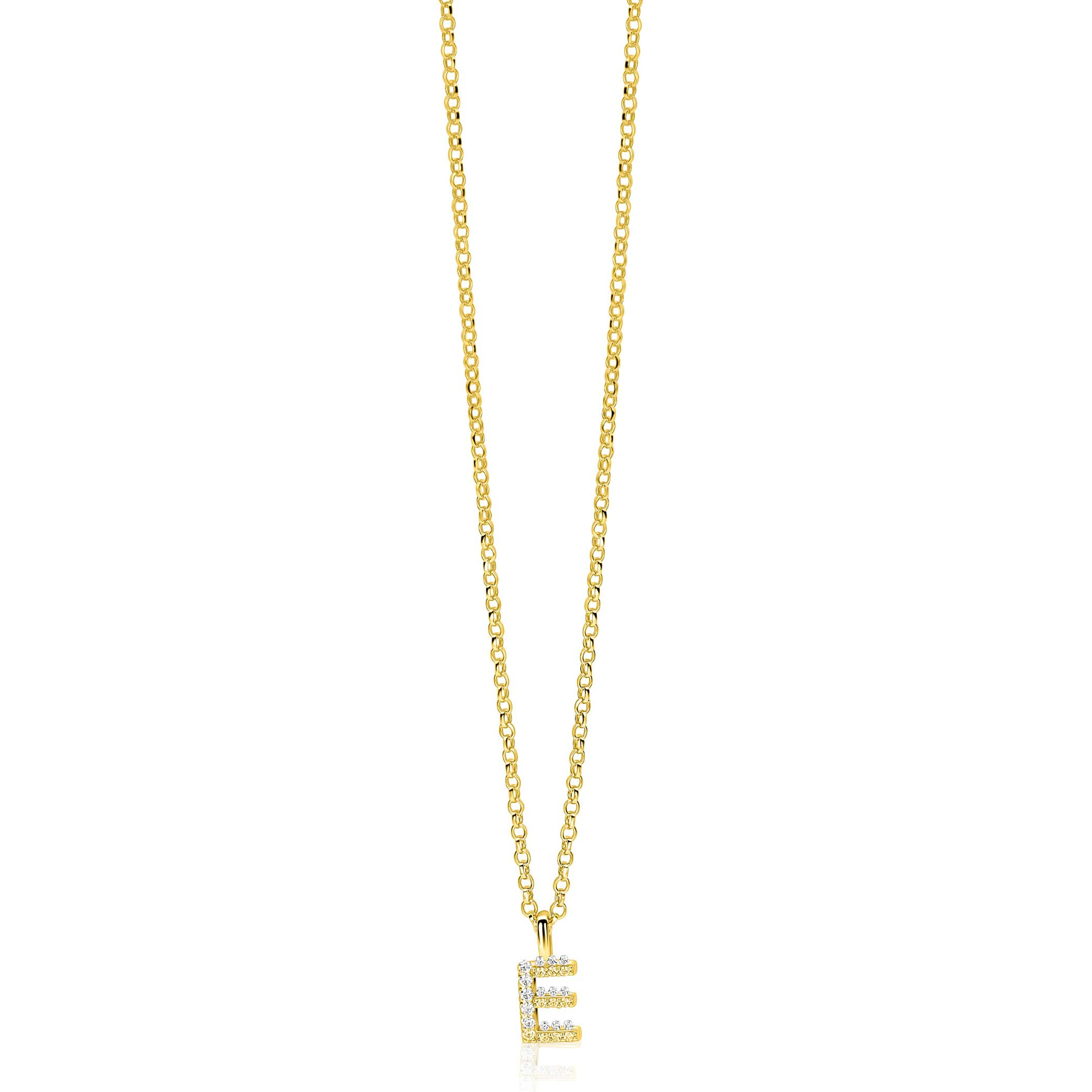 ZINZI gold plated zilveren letter hanger E bezet met witte zirkonia's ZIH2828-E (zonder ketting)