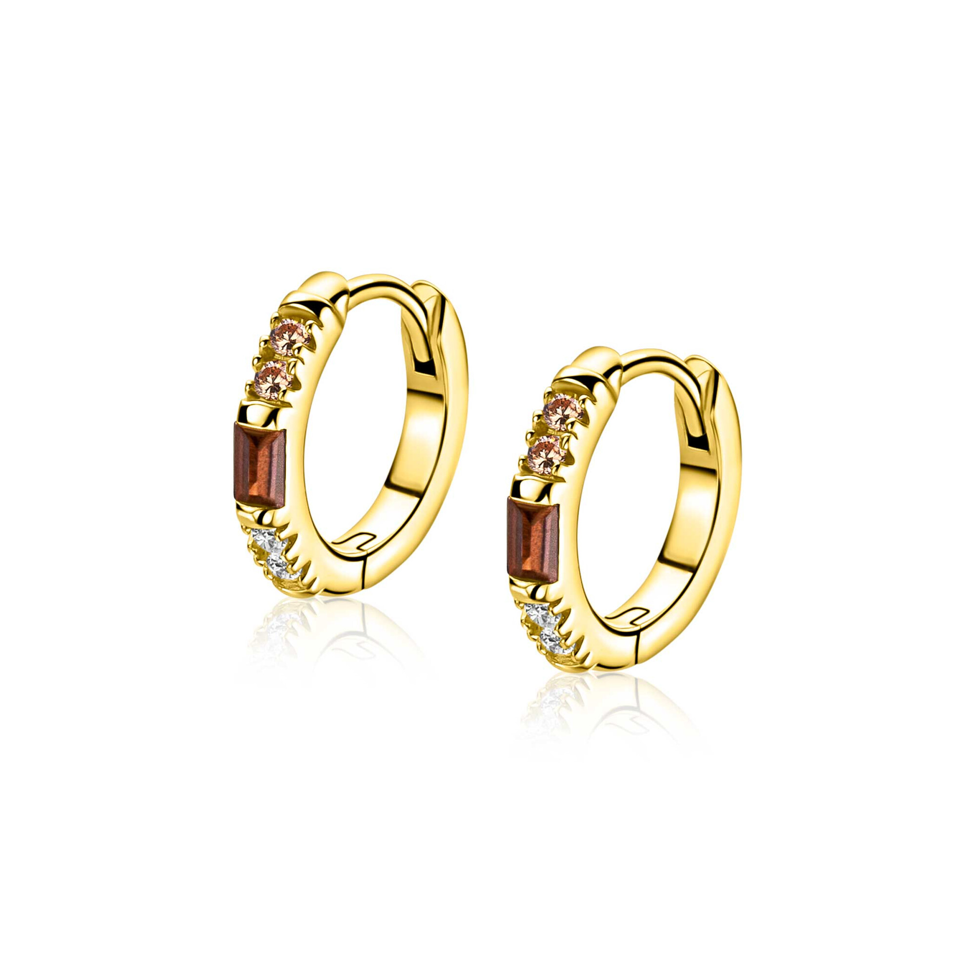 13mm ZINZI gold plated zilveren oorringen bezet met champagne, bruine en witte kleurstenen, luxe klapsluiting ZIO2869
