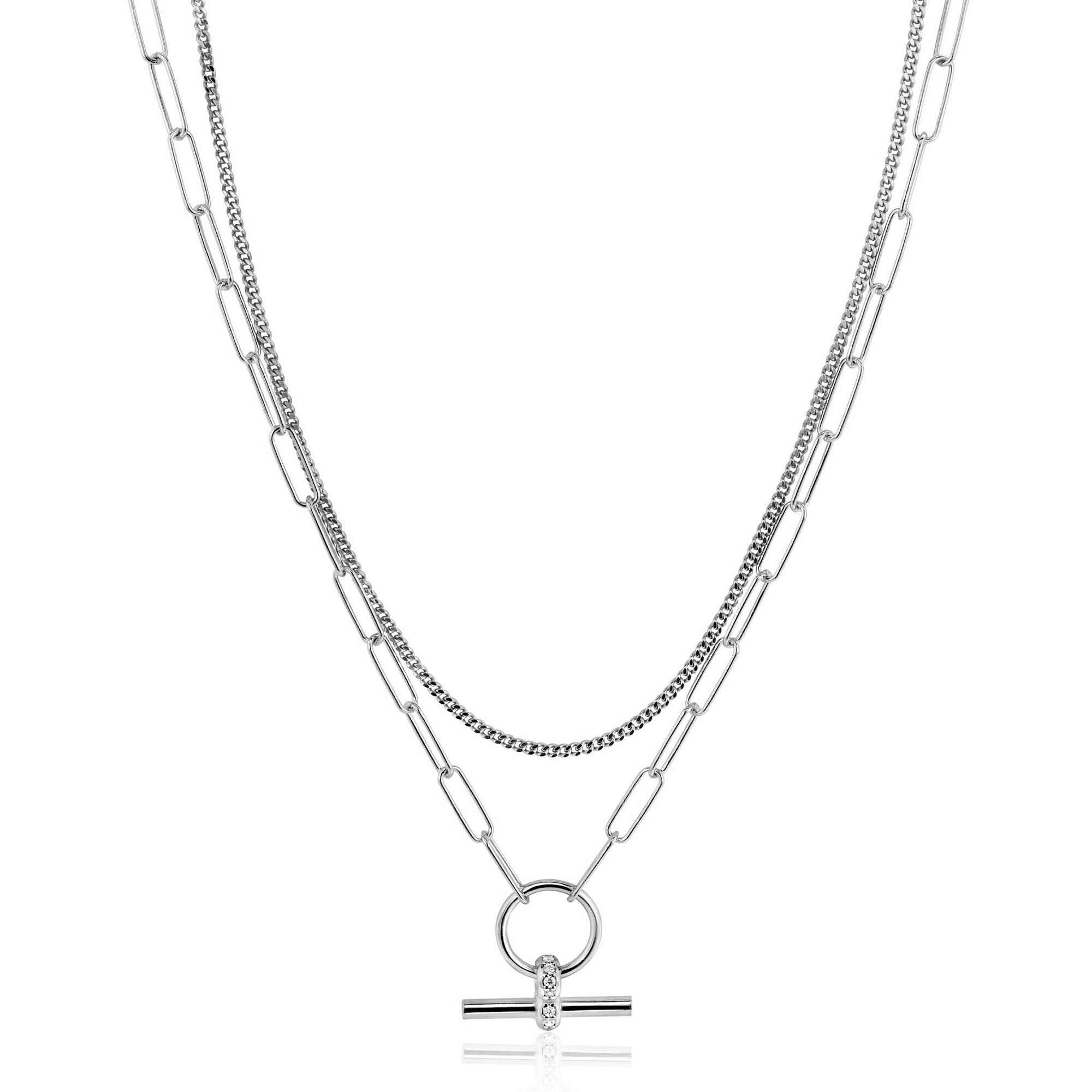 ZINZI zilveren schakel ketting 50cm met multilook: combinatie van gourmet en paperclip schakels en trendy T-bar bezet met witte zirconia's ZIC2462