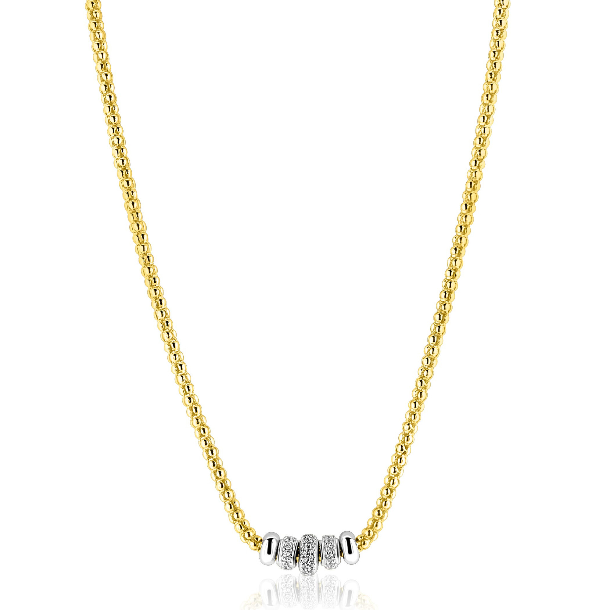 ZINZI goldplated zilveren popcorn schakelcollier 42-48cm met vijf sierlijke, beweegbare beads in zilver en wit zirkonia ZIC2779Y
