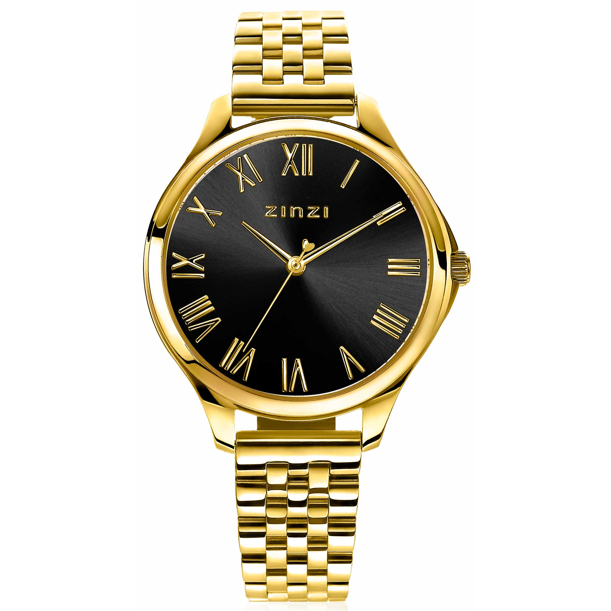 ZINZI horloge JULIA 34mm zwarte wijzerplaat romeinse cijfers goudkleurige stalen kast en band ziw1143
