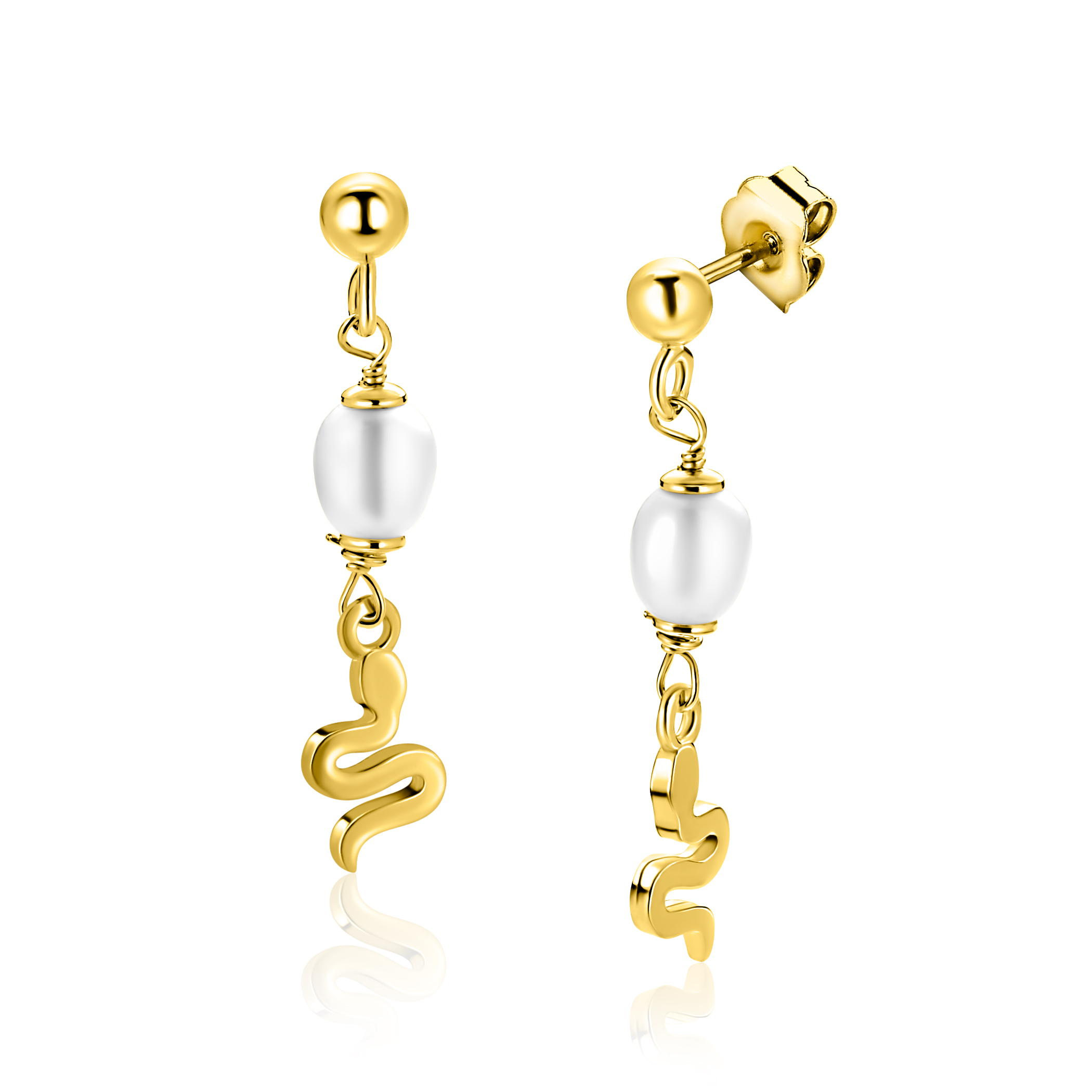 35mm ZINZI gold plated zilveren oorstekers met slang en witte zoetwaterparel ZIO2761