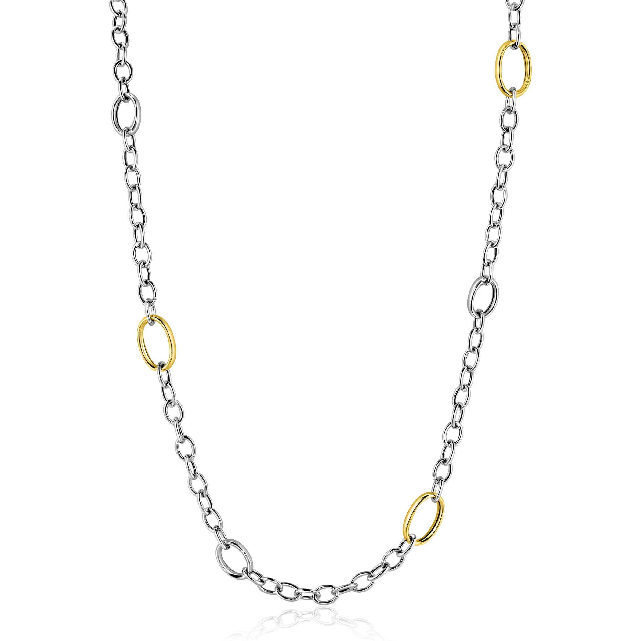 ZINZI bicolor zilveren schakelketting 70cm met drie ovale goldplated schakels ZIC2785