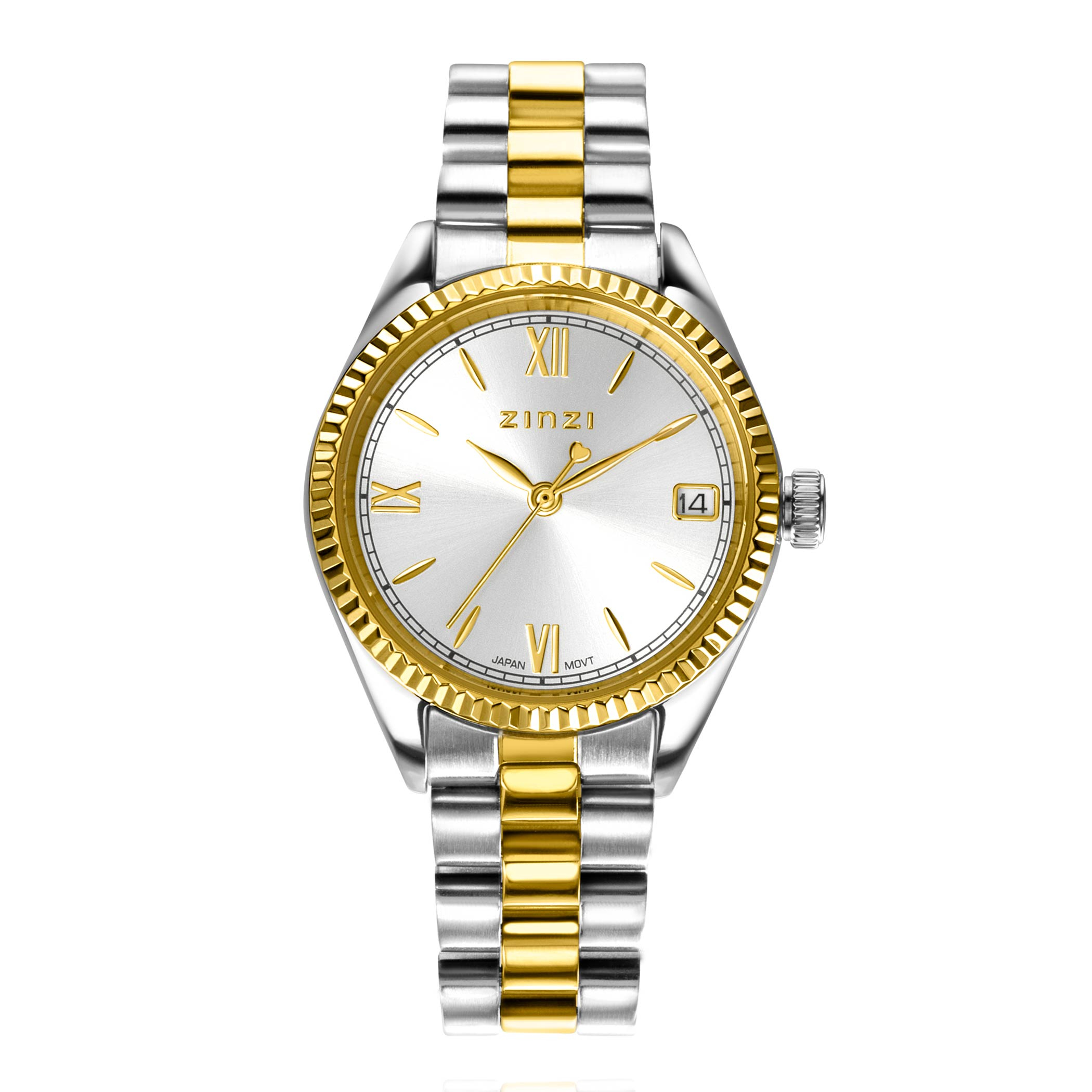 ZINZI Iconic horloge 30mm met datum, goudgekleurde gekartelde rand, zilverkleurige wijzerplaat en stalen bicolor schakelband ZIW2233

