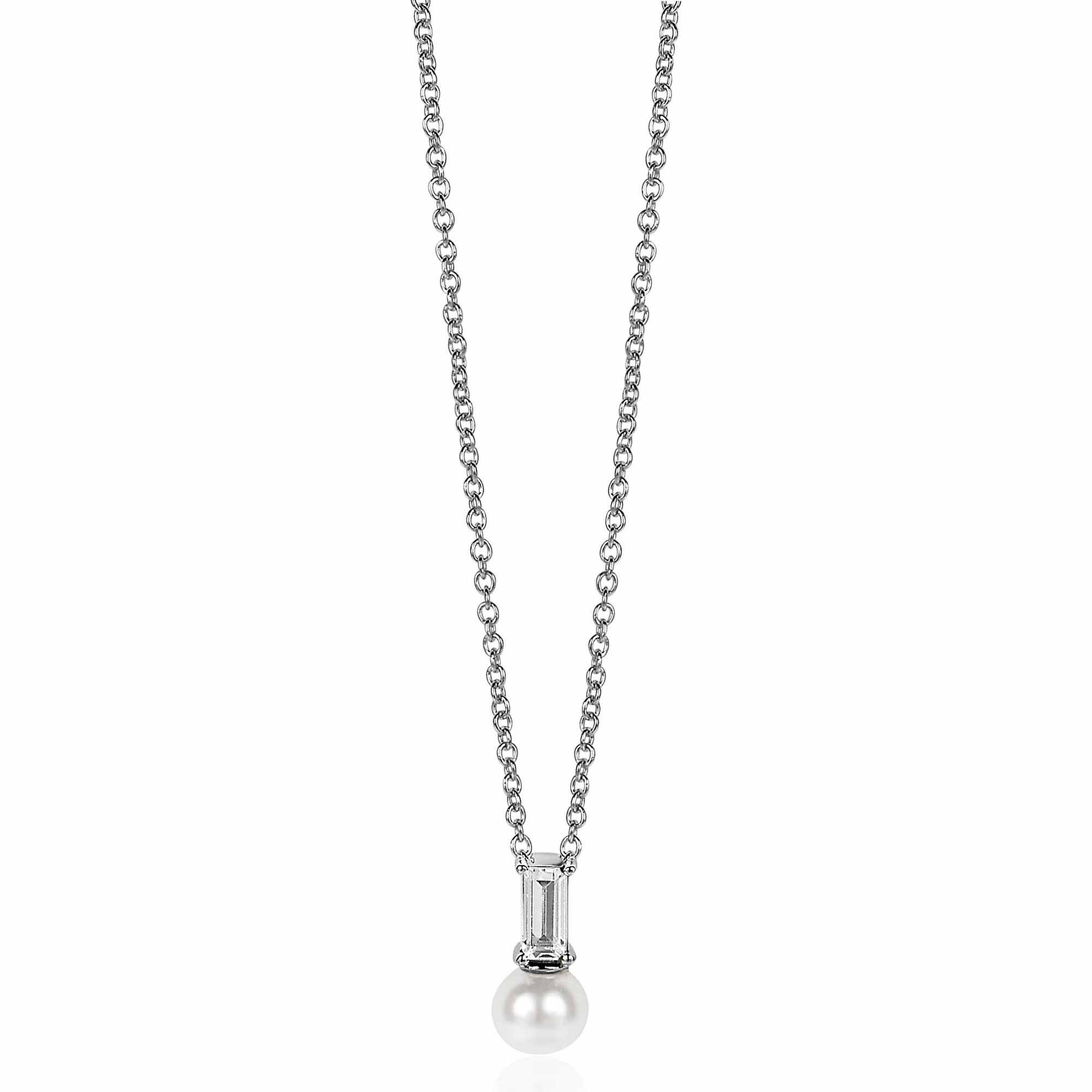 ZINZI zilveren witte parelhanger met witte baquette geslepen zirconia ZIH2135 (zonder collier)