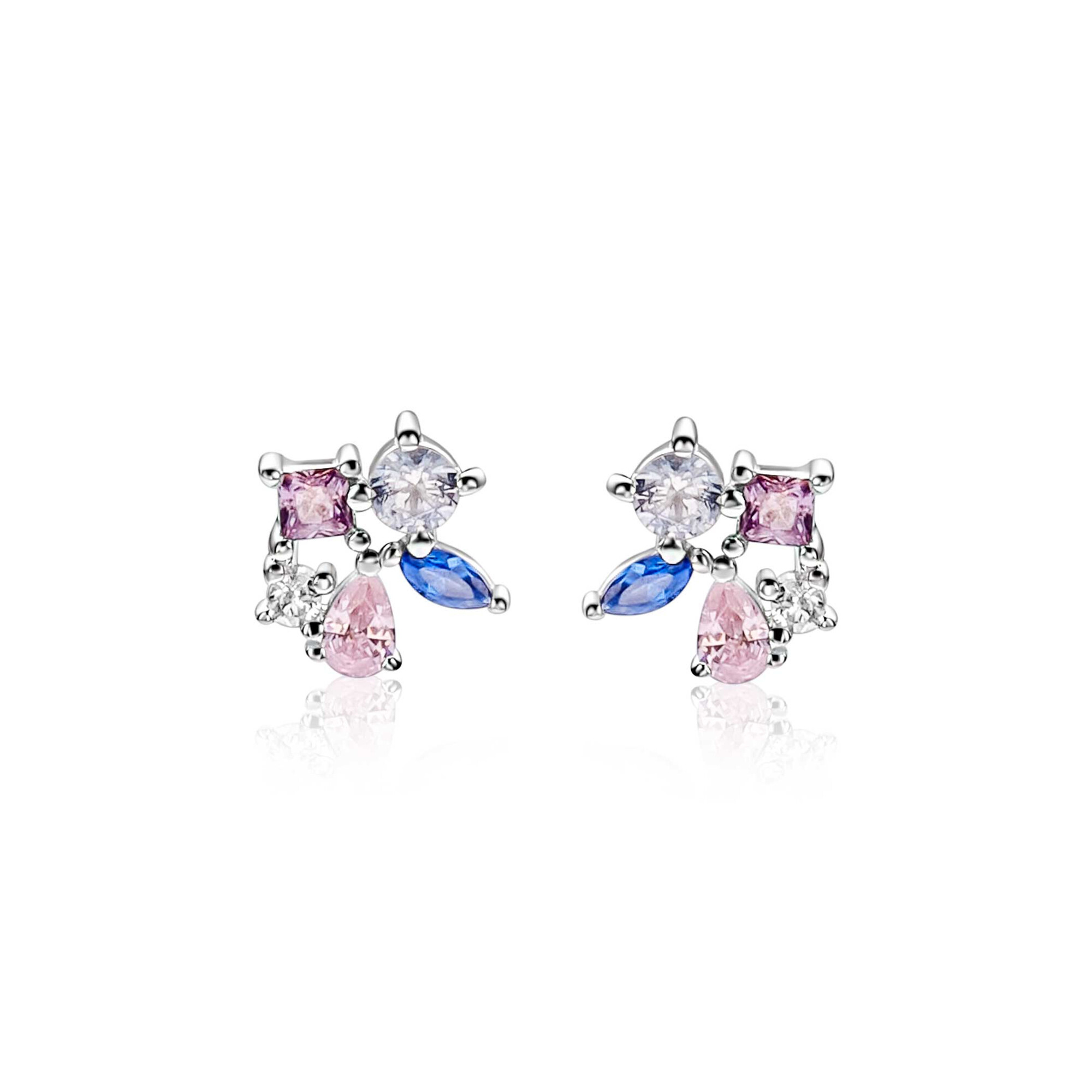 8mm ZINZI zilveren oorstekers bezet met een speelse combinatie van witte, roze, paarse en blauwe kleurstenen in verschillende slijpvormen ZIO2866