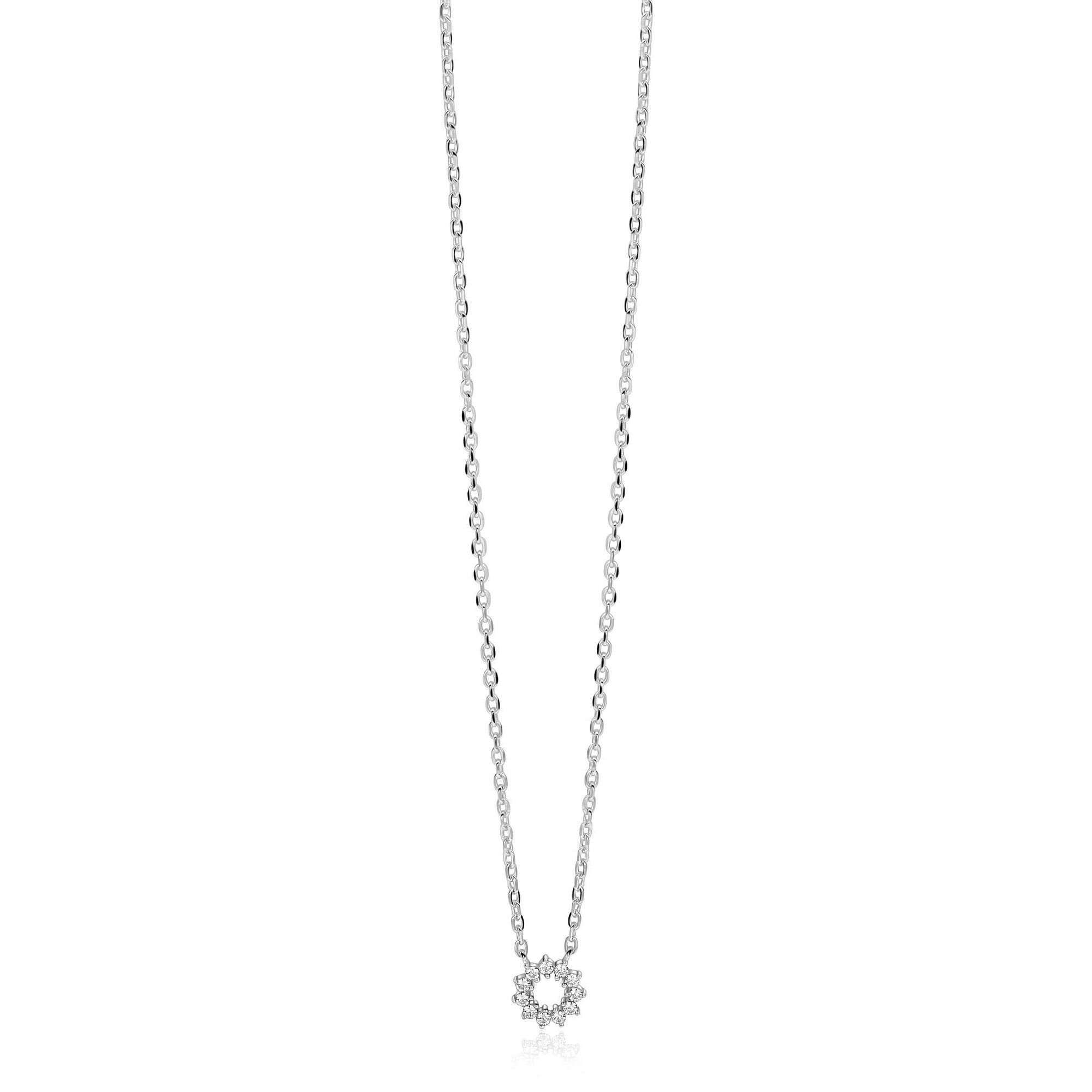 ZINZI zilveren ketting met ronde hanger (8mm) bezet met witte zirkonia’s in verfijnde chatonzetting 42-45cm ZIC2870