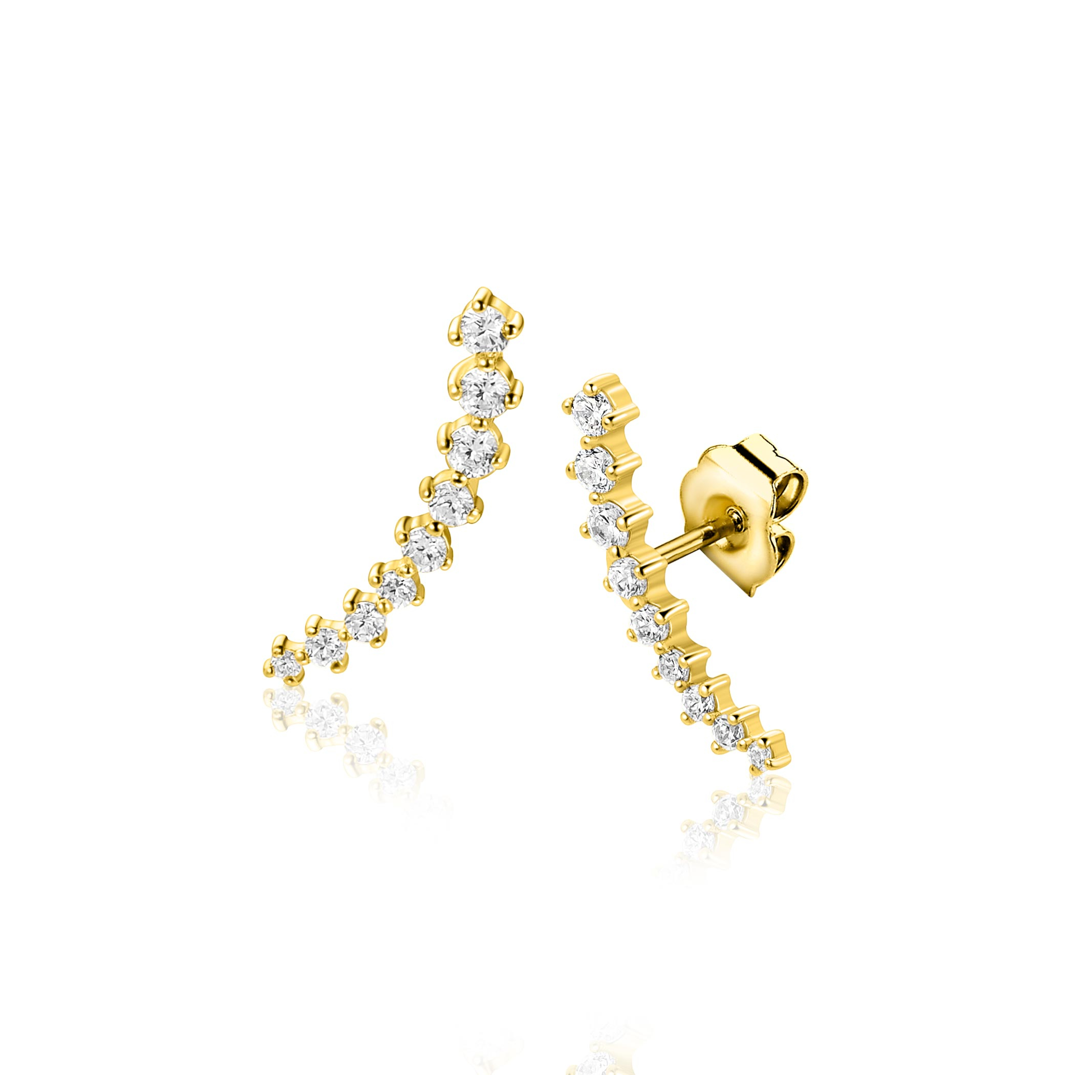15mm ZINZI goldplated zilveren oorstekers met asymmetrische curve bezet met negen witte zirkonia's ZIO2818