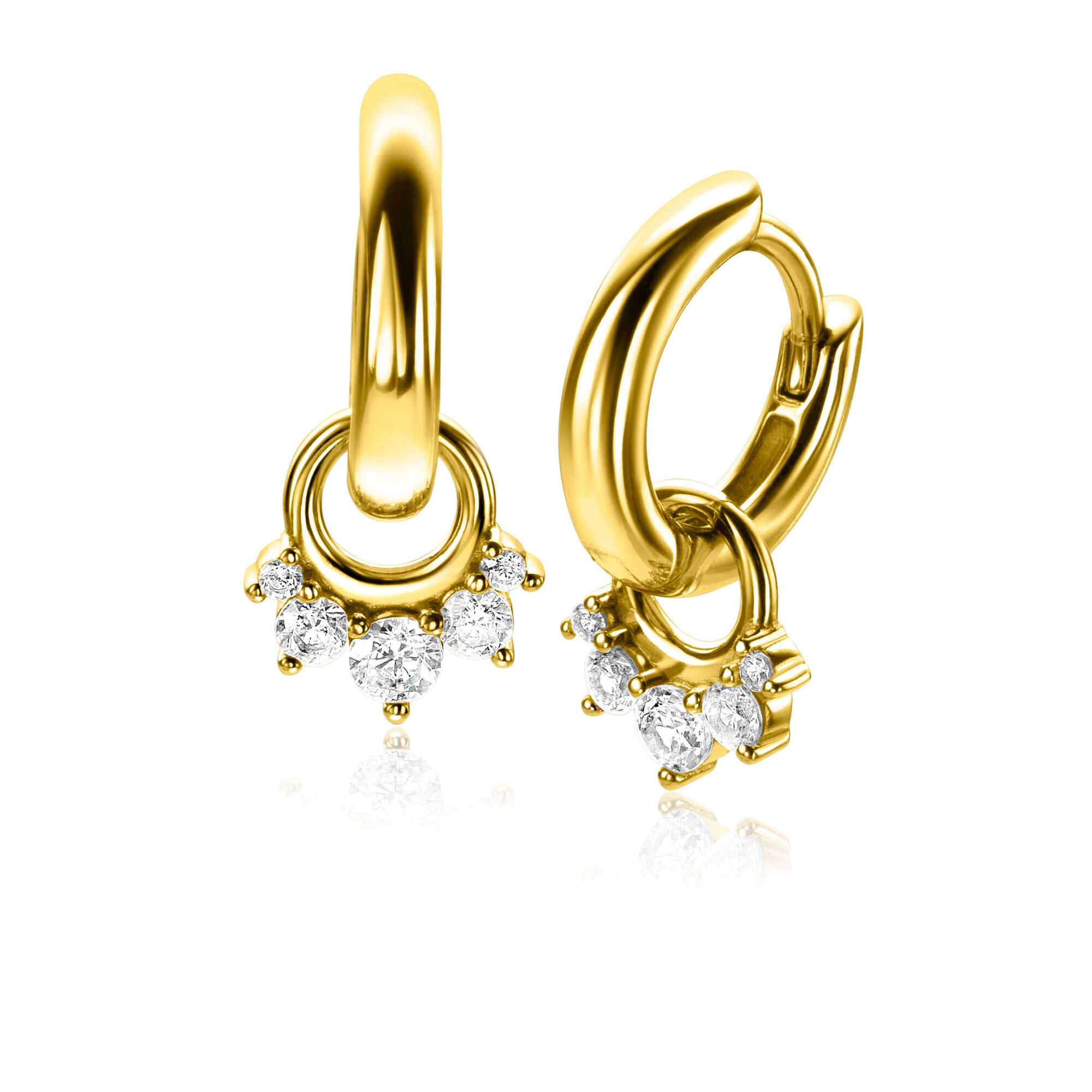 9mm ZINZI gold plated zilveren oorbedels met vijf ronde zettingen in aflopende grootte, bezet met witte zirconia's ZICH2632Y (zonder oorringen)