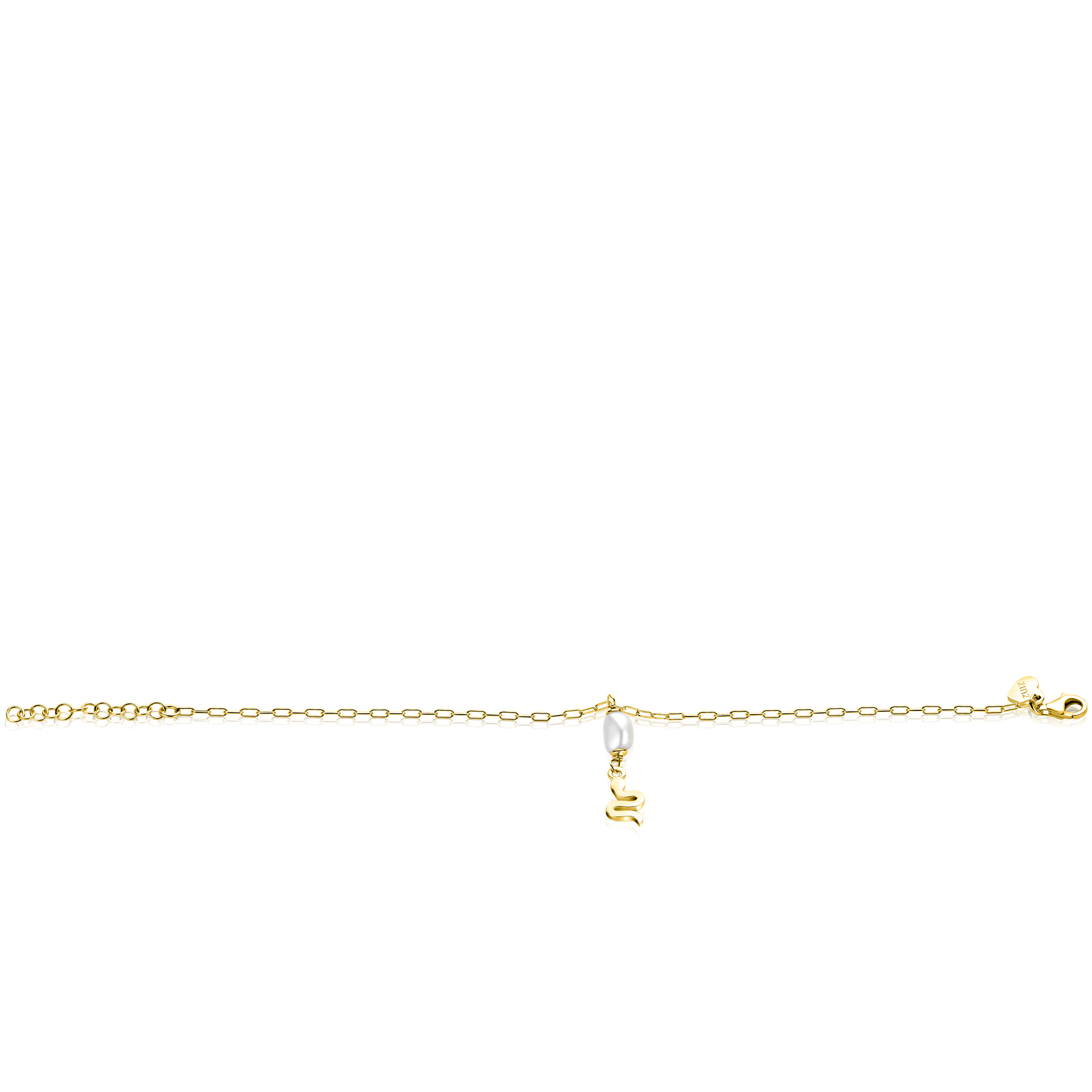 ZINZI gold plated zilveren paperclip schakelarmband met witte zoetwaterparel en slang ZIA2761