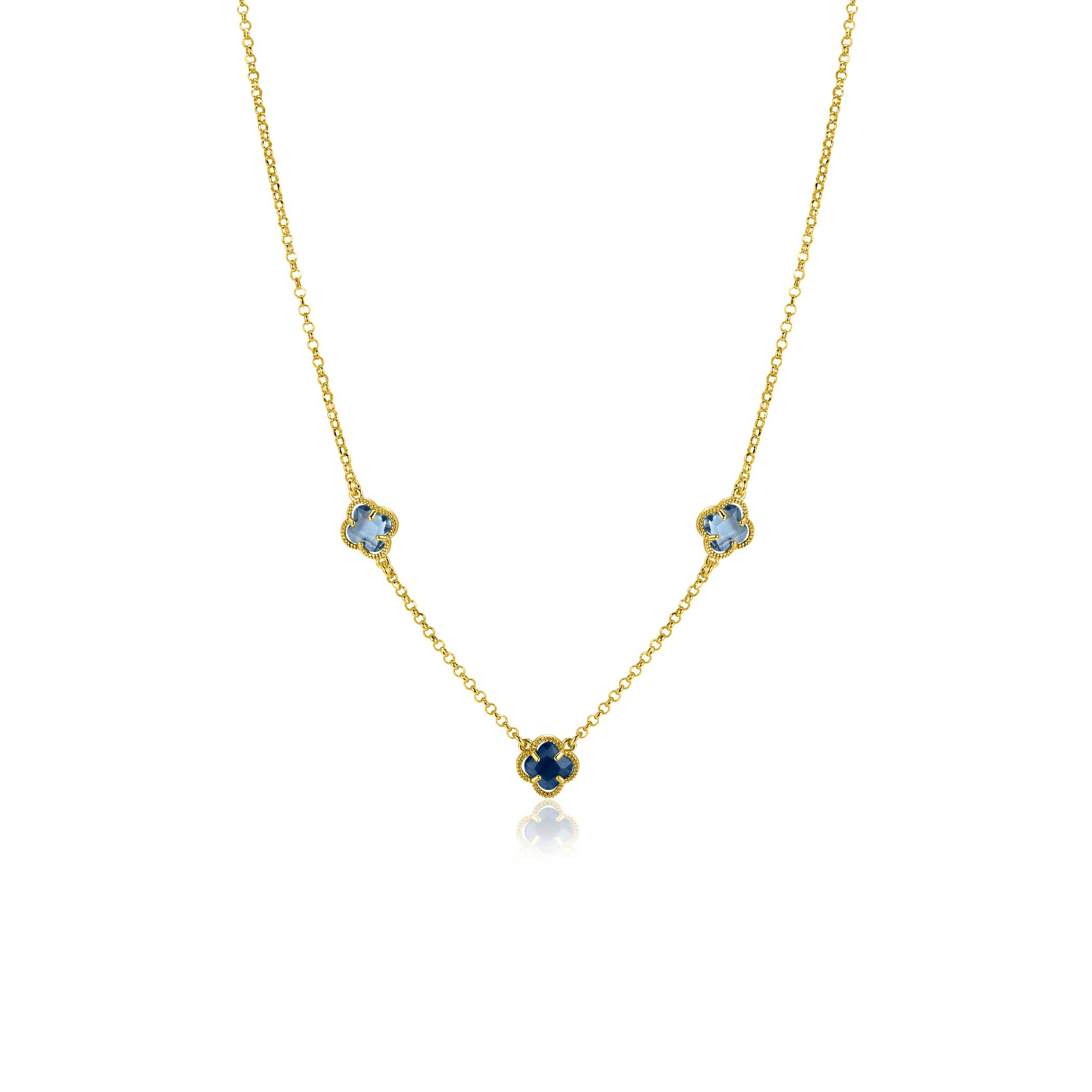 ZINZI gold plated zilveren schakelketting met twee lichtblauwe klavers en een donkerblauwe klaver 42-45cm ZIC2662B