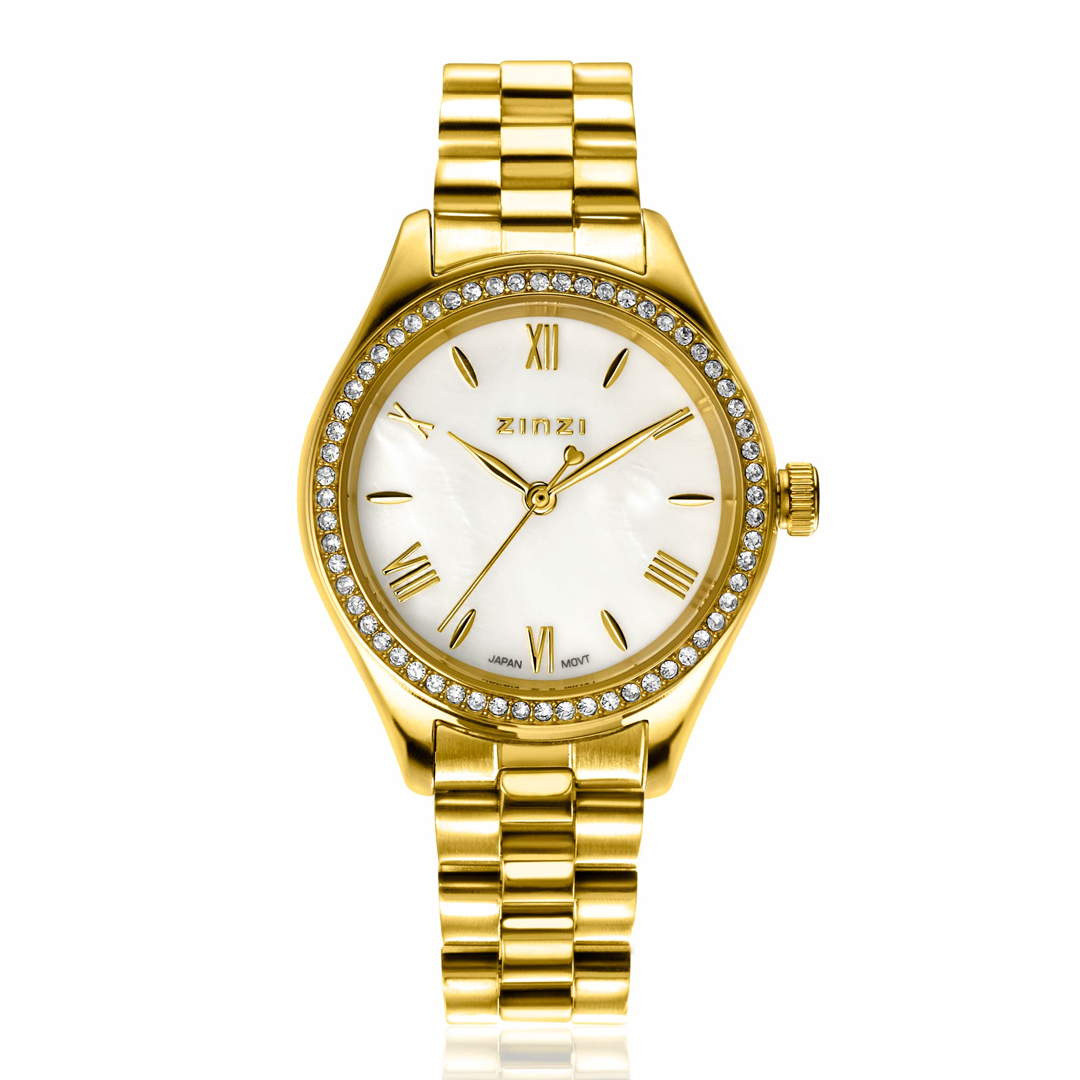 ZINZI Tresor horloge 32mm bezet met witte zirkonia's, parelmoer wijzerplaat en goudkleurige stalen kast en schakelband ZIW2434

