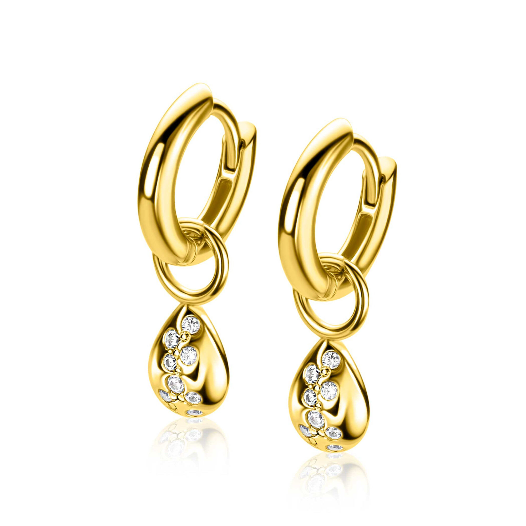 6mm ZINZI gold plated zilveren oorbedels in druppelvorm speels bezet met witte zirkonia's ZICH2871 (zonder oorringen)