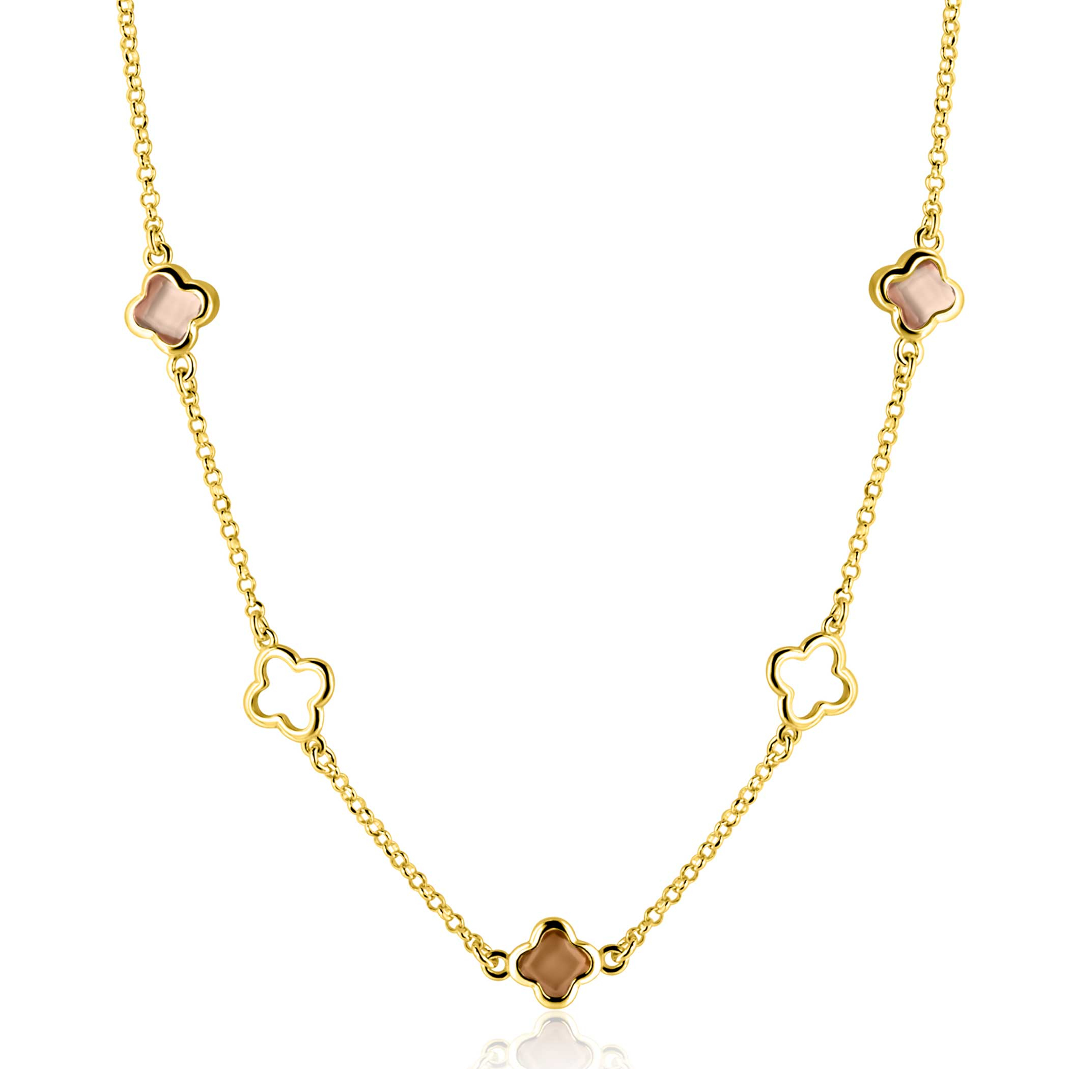 ZINZI gold plated zilveren collier 45cm met drie klavervormige zettingen met bruine kleurstenen ZIC2772