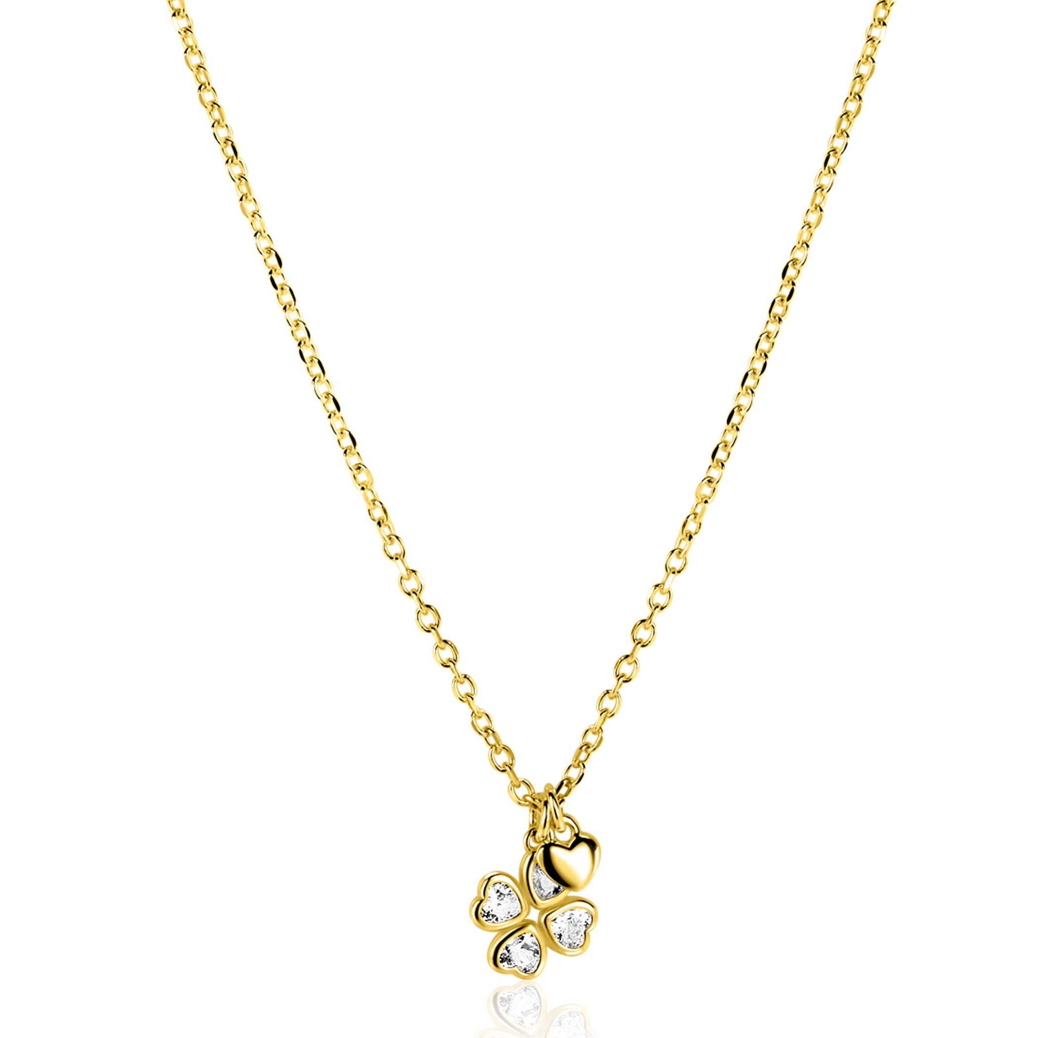 ZINZI goldplated zilveren ketting 45cm met klavertje vier en hartje hanger ZIC2783Y
