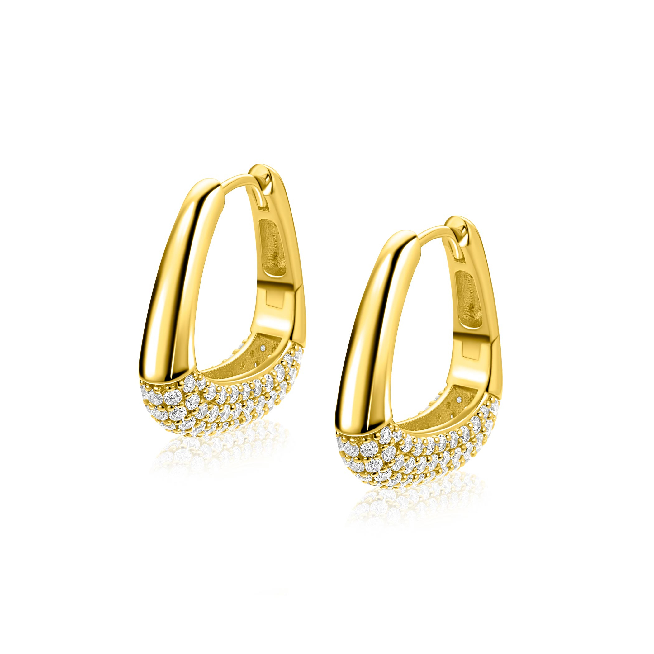 21mm ZINZI goldplated zilveren oorringen glad in een trendy tasvorm, sierlijk bezet met witte zirkonia's en luxe klapsluiting ZIO2806Y