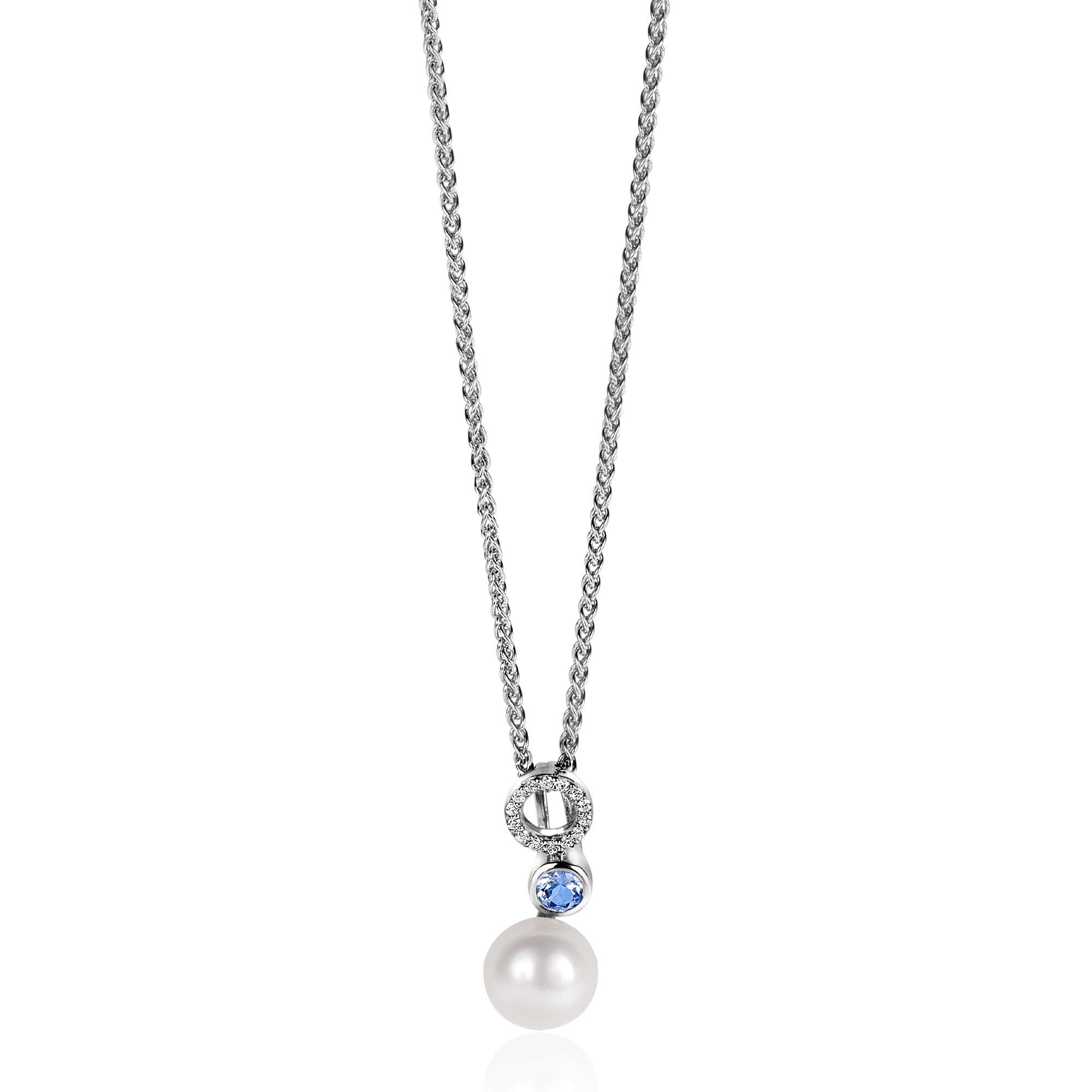 20mm ZINZI zilveren hanger met witte parel, ronde lichtblauwe kleursteen en open rondje bezet met witte zirconia's ZIH2442 (zonder collier)
