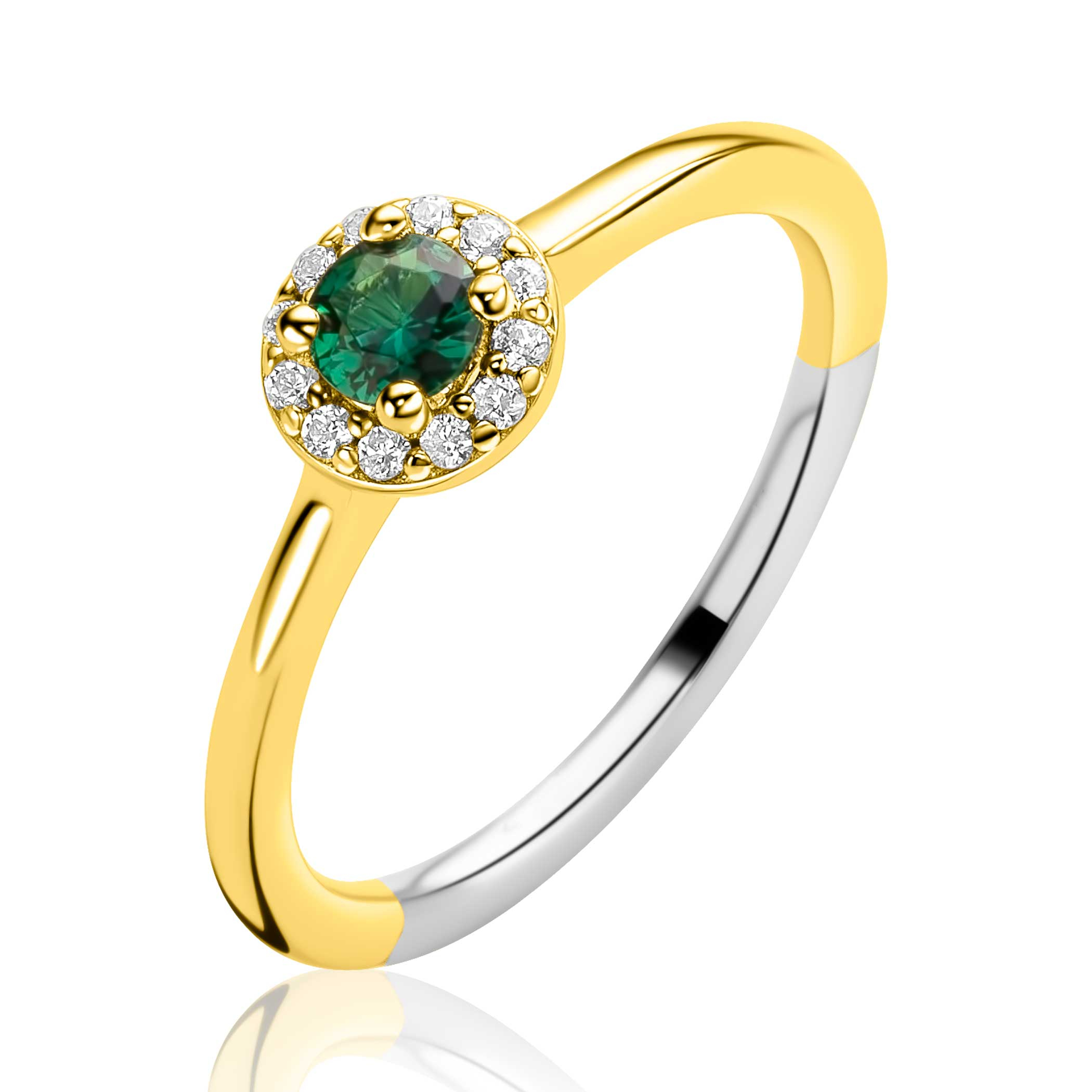 ZINZI gold plated zilveren entourage ring bezet met witte zirkonia's en smaragdgroene kleursteen ZIR2697GC