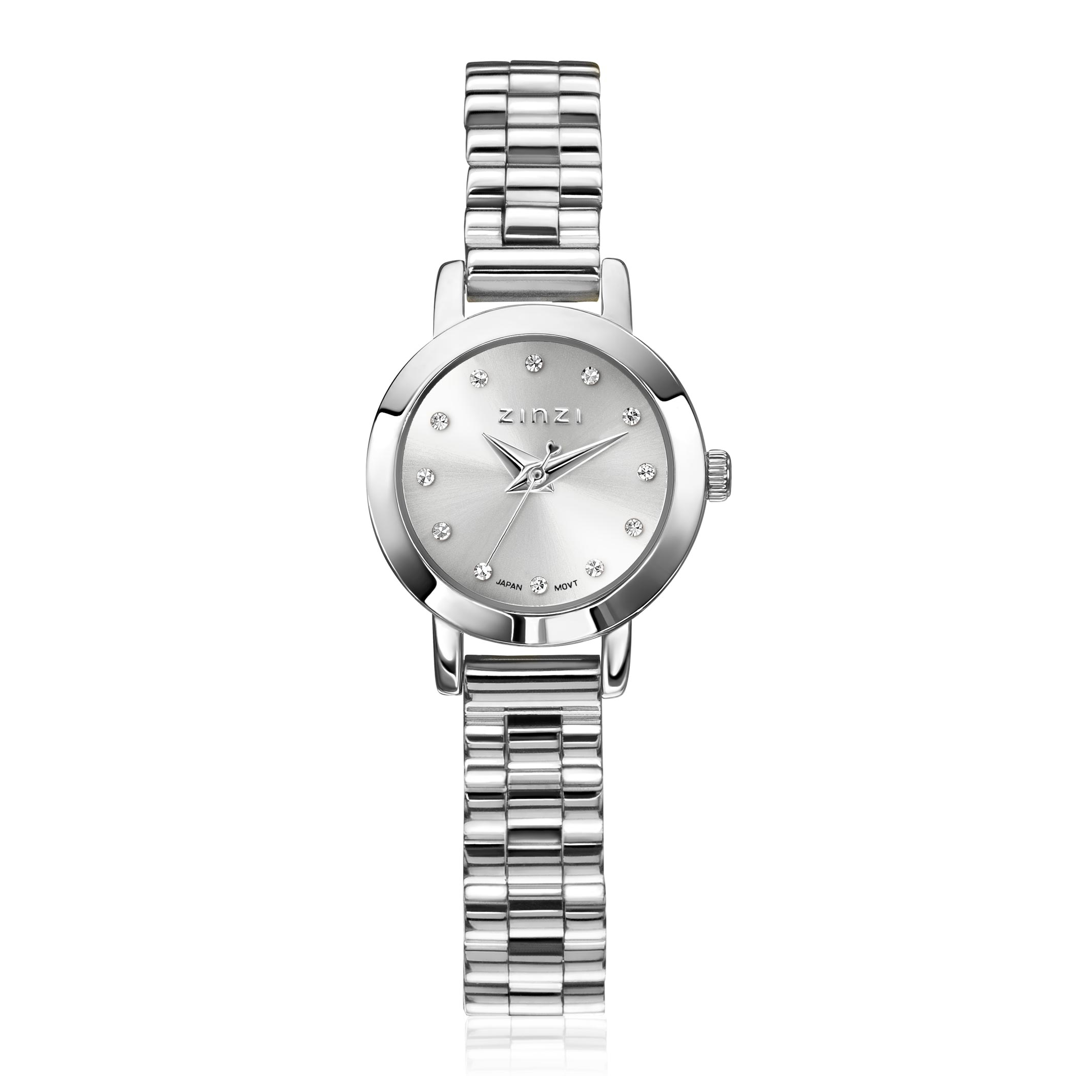 ZINZI Etoile Nuit horloge 20mm zilverkleurige wijzerplaat, witte zirkonia's als uur-aanduiding, zilverkleurige stalen kast en schakelband, Japans uurwerk ZIW3102