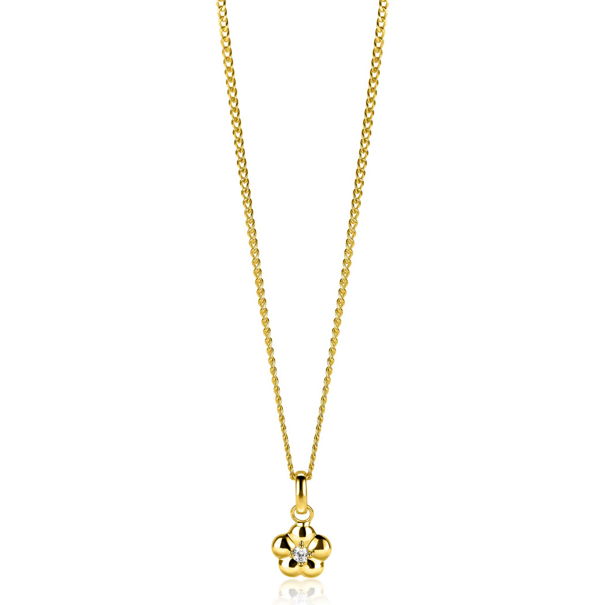 16mm ZINZI gold plated zilveren bloem hanger, bezet met witte zirconia ZIH2620 (zonder collier)