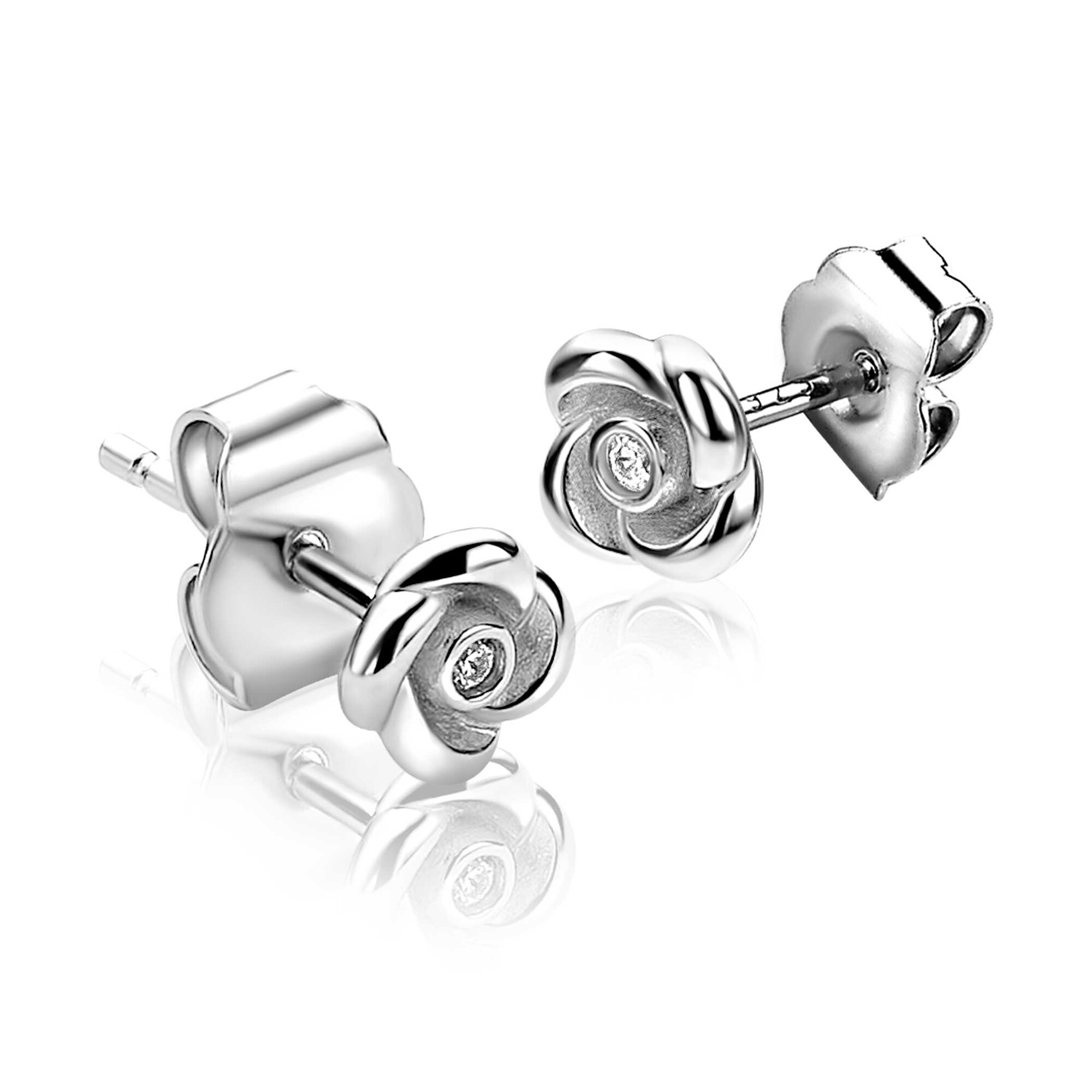 6mm ZINZI zilveren oorstekers met een roosje, bezet met witte zirkonia ZIO2872