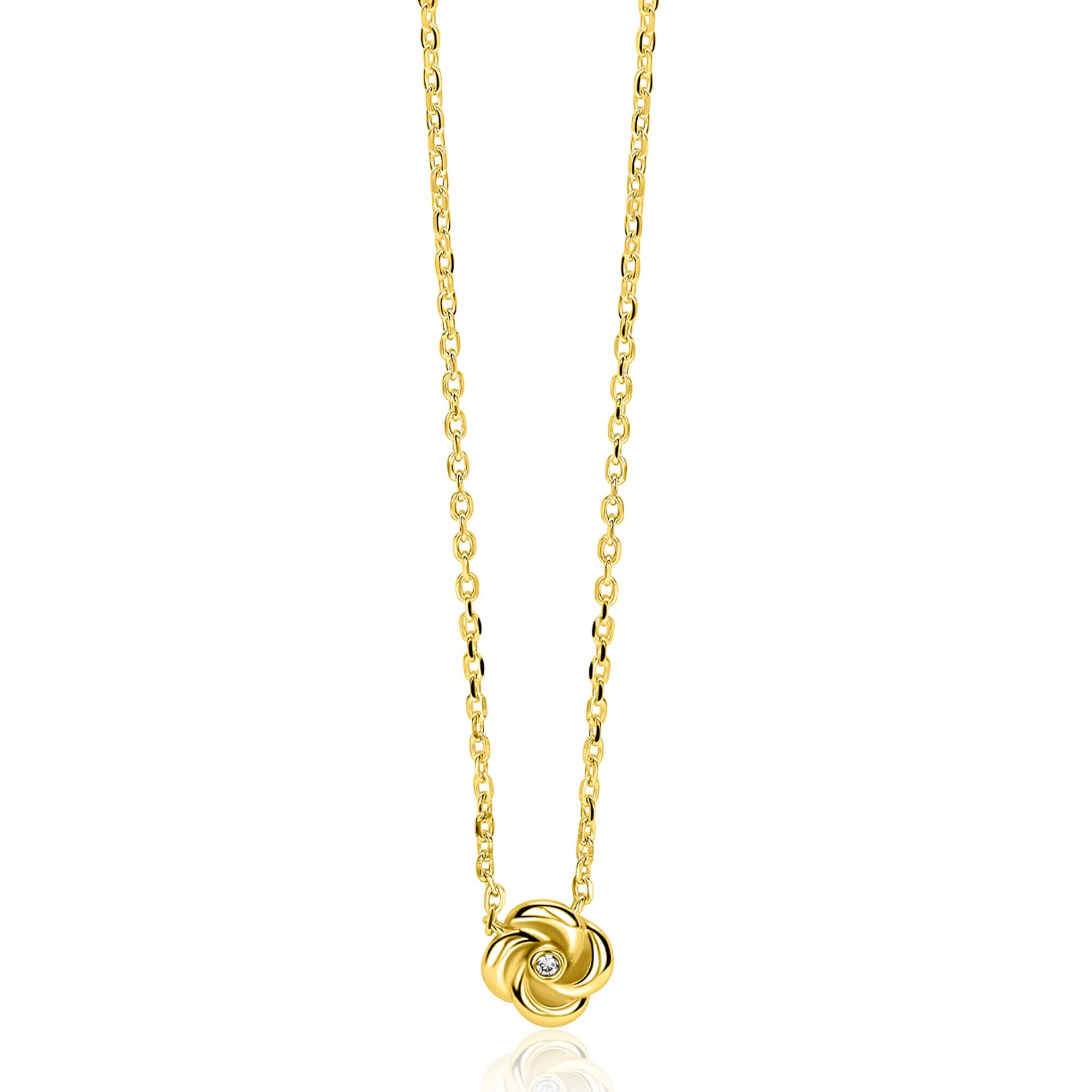 ZINZI gold plated zilveren ketting met hanger in roosdesign (9mm) en bezet met een witte zirkonia in het midden 42-45cm ZIC2872Y
