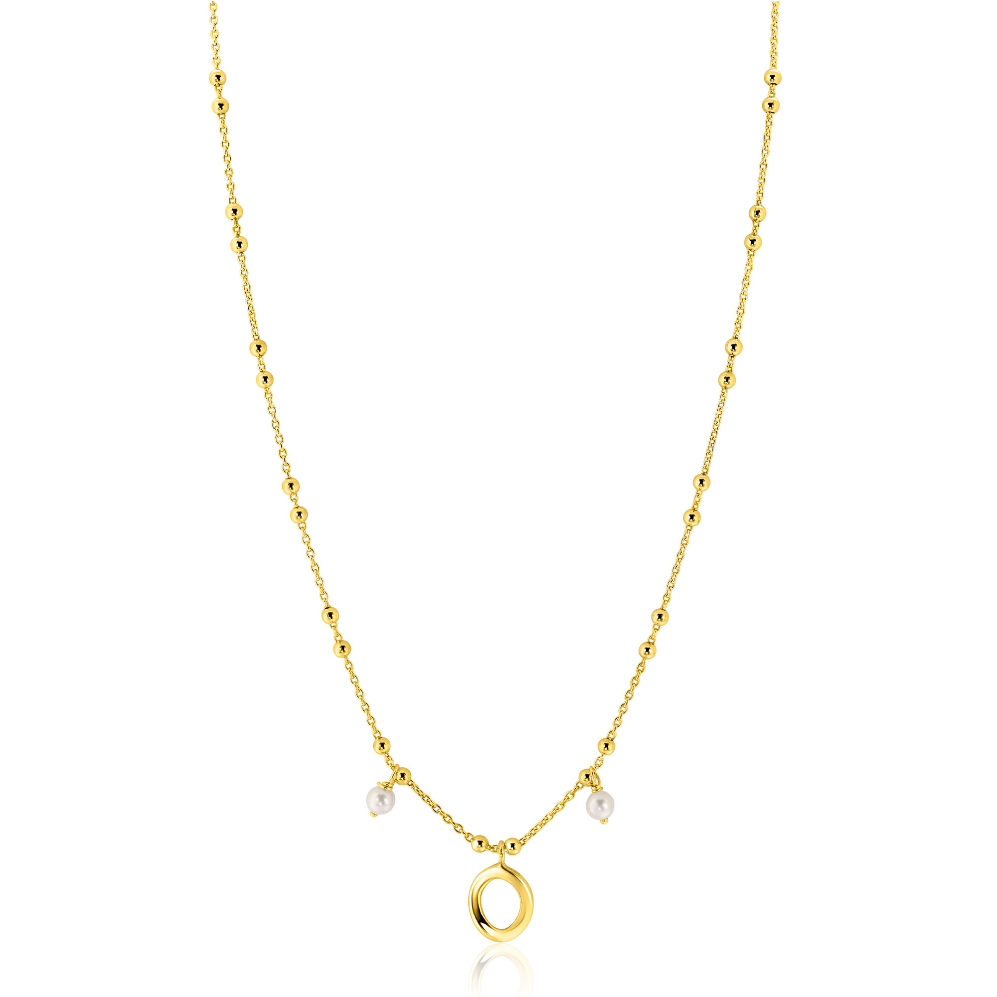 ZINZI gold plated zilveren fantasie ketting met kleine bolletjes, twee bungelende witte pareltjes en organische open vorm in het midden 42-45cm ZIC2405