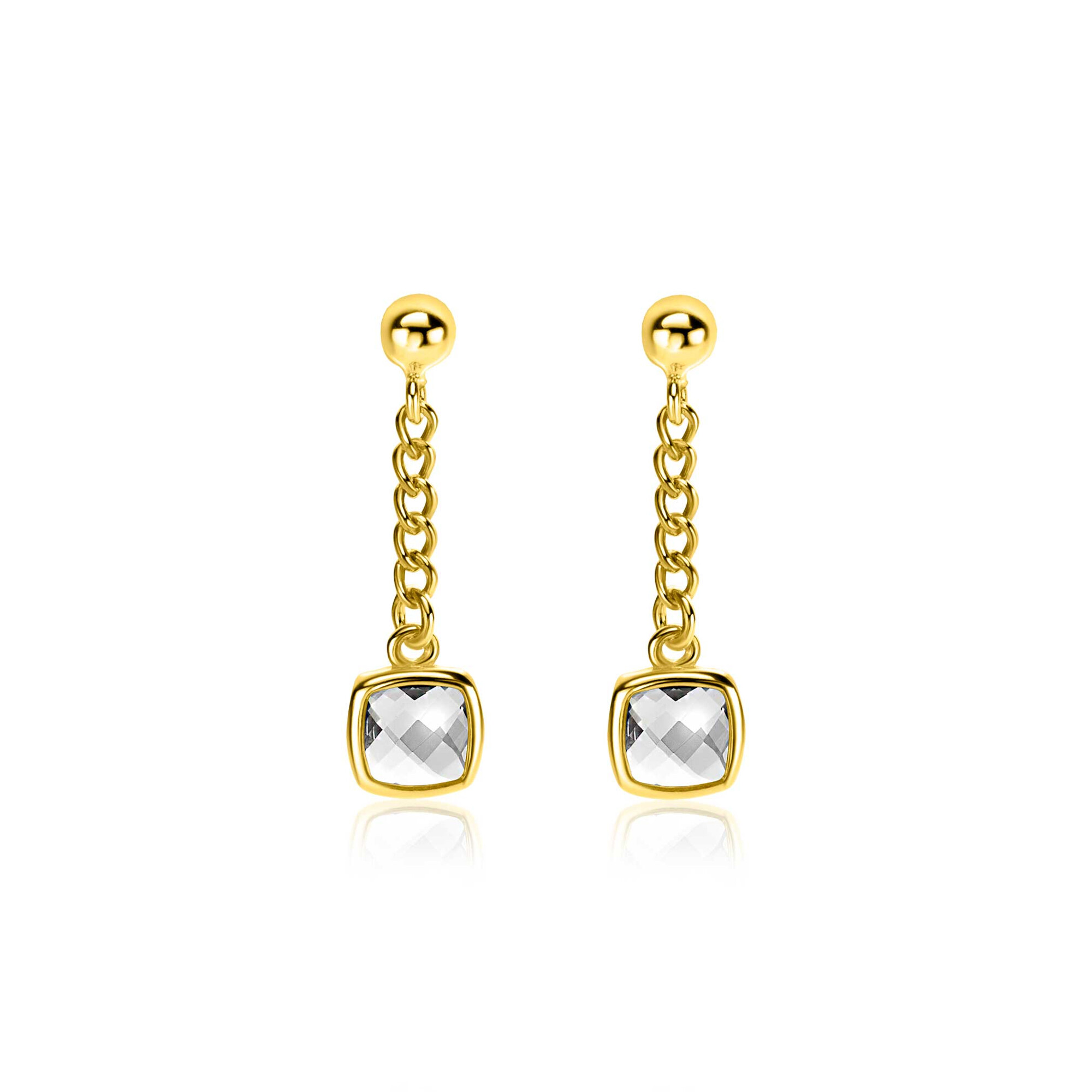 25mm ZINZI gold plated zilveren oorstekers met gourmet kettinkje en vierkante zetting bezet met witte zirconia ZIO2417Y
