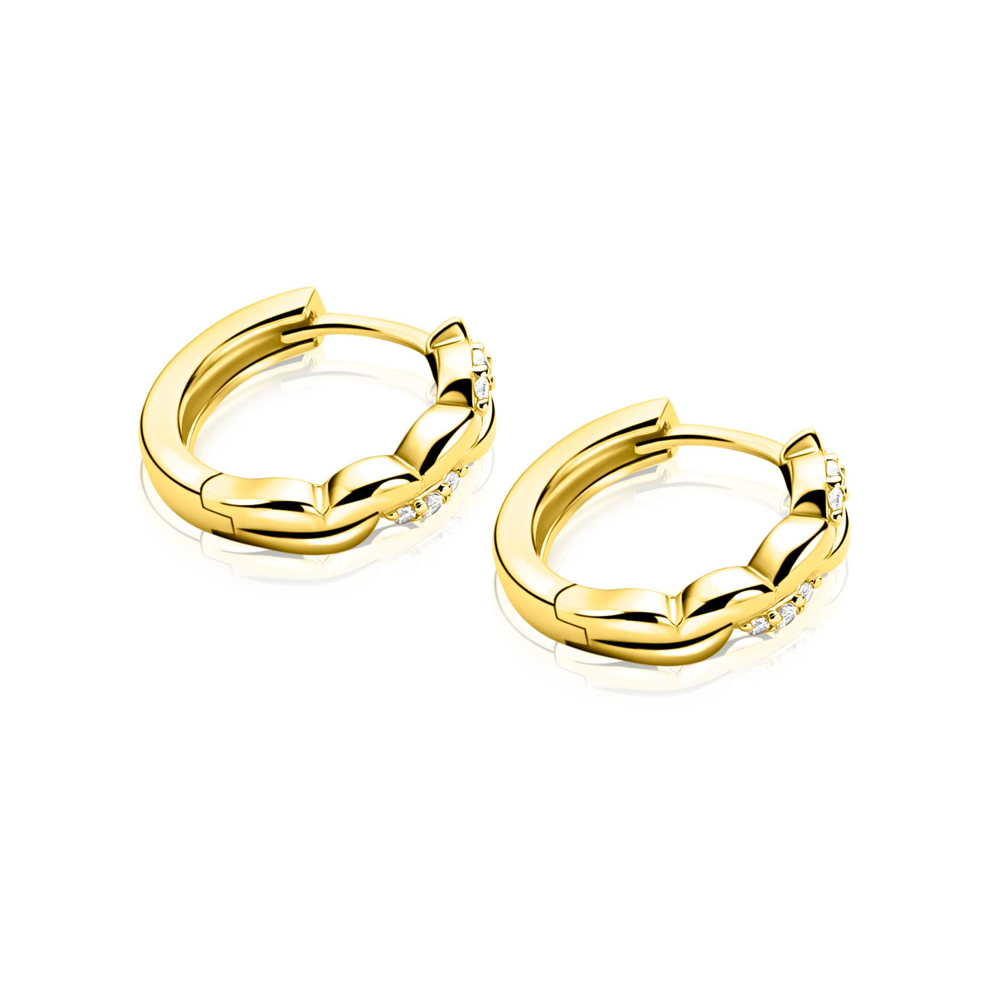 13mm ZINZI gold plated zilveren oorringen met een sierlijk golvend design, subtiel bezet met witte zirkonia’s, luxe klapsluiting ZIO2875