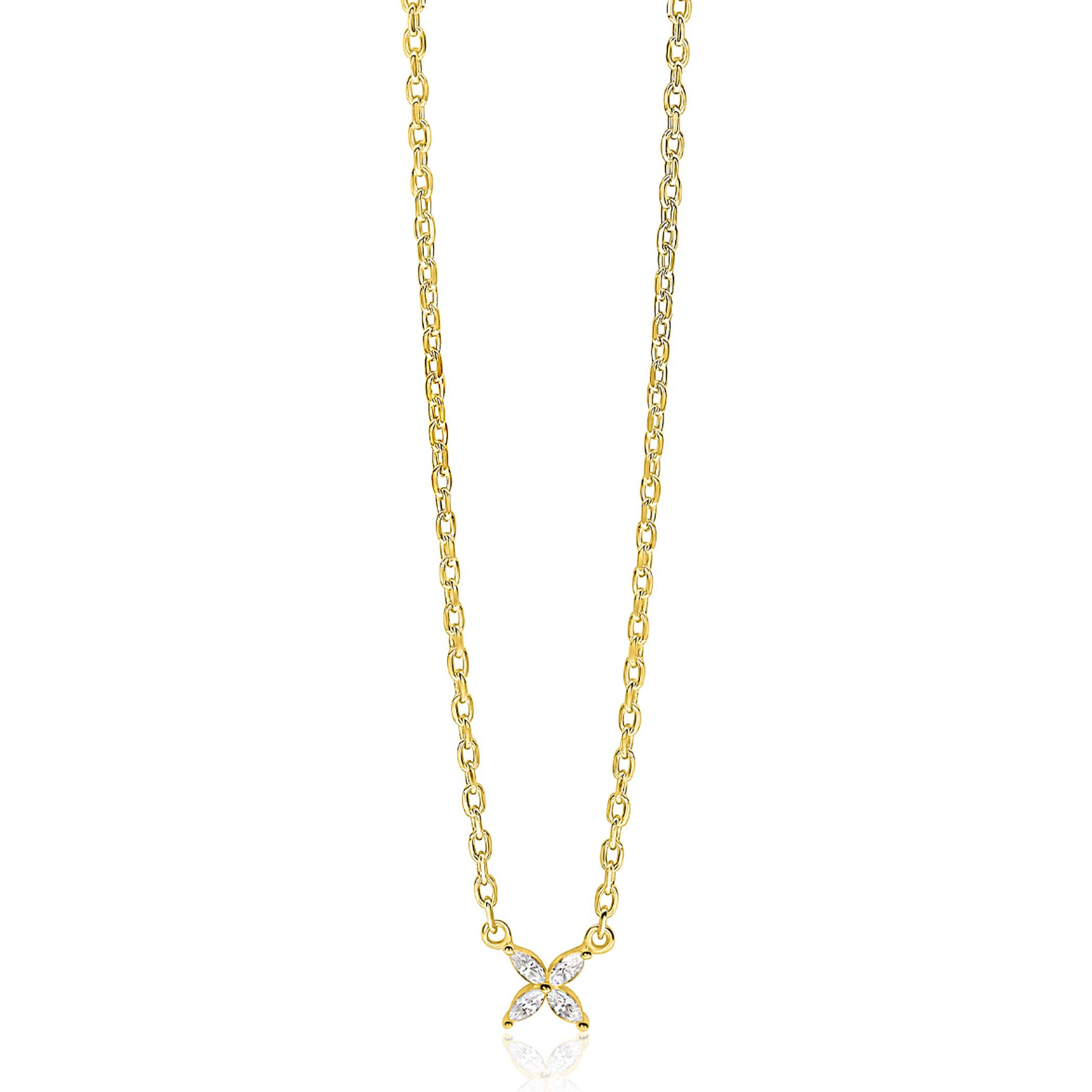 ZINZI gold plated zilveren ketting met bloem bezet met vier druppelvormige witte zirconia's 42-45cm ZIC2624