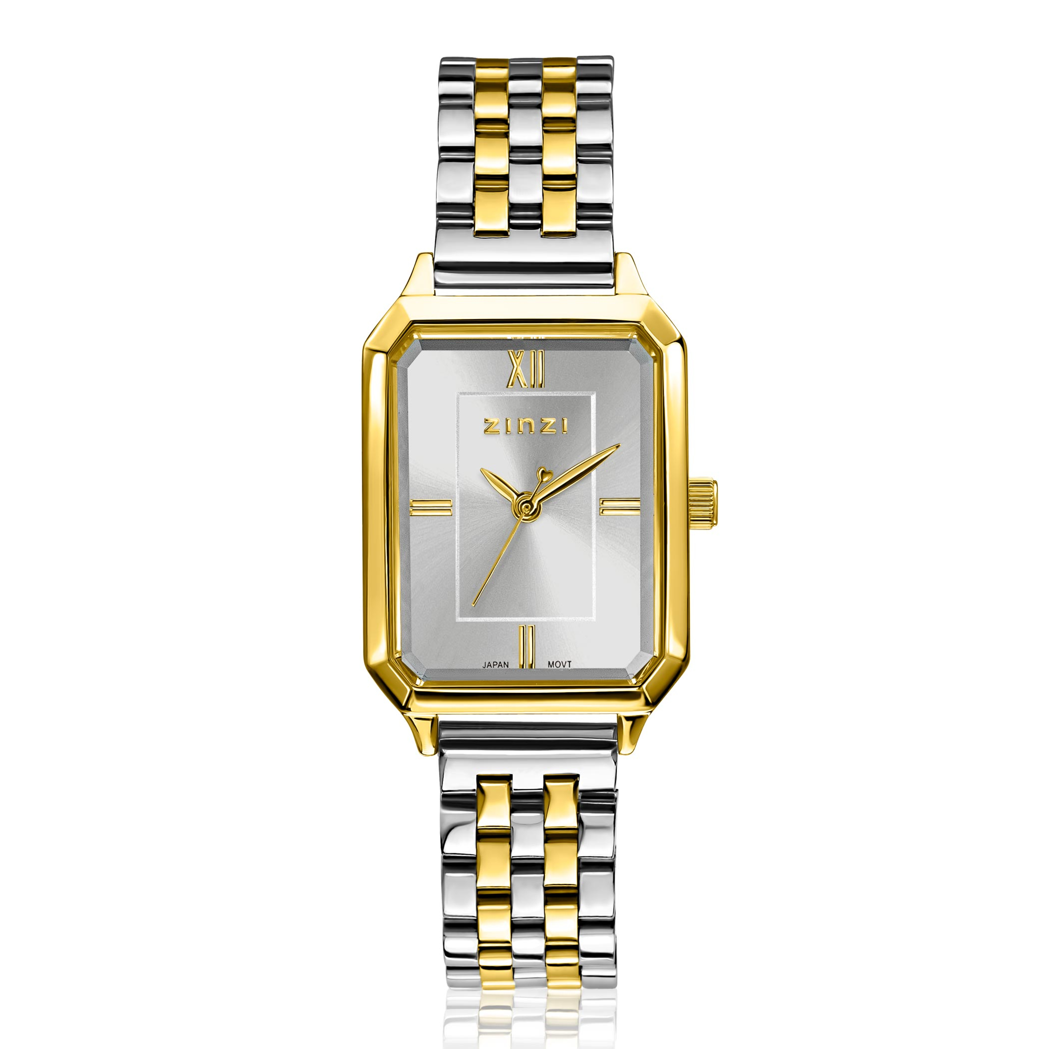 ZINZI Allure horloge 30mm achthoekige goudkleurige kast, zilvergekleurde wijzerplaat en bicolor stalen band, Japans uurwerk ZIW2533
