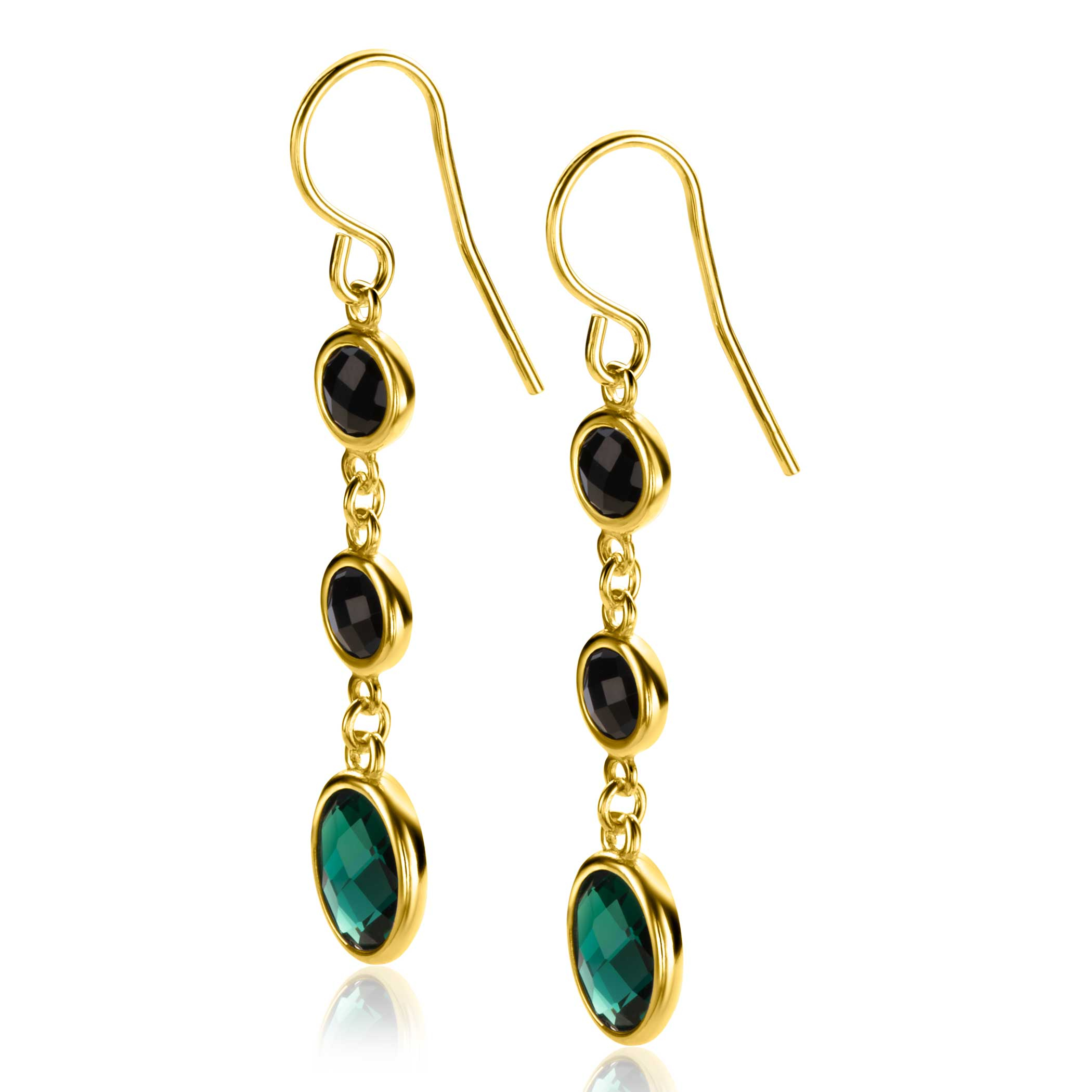 ZINZI gold plated zilveren lange oorhangers 50mm, bezet met twee ronde zwarte zirconia's en een grotere ovale groene kleursteen ZIO2389