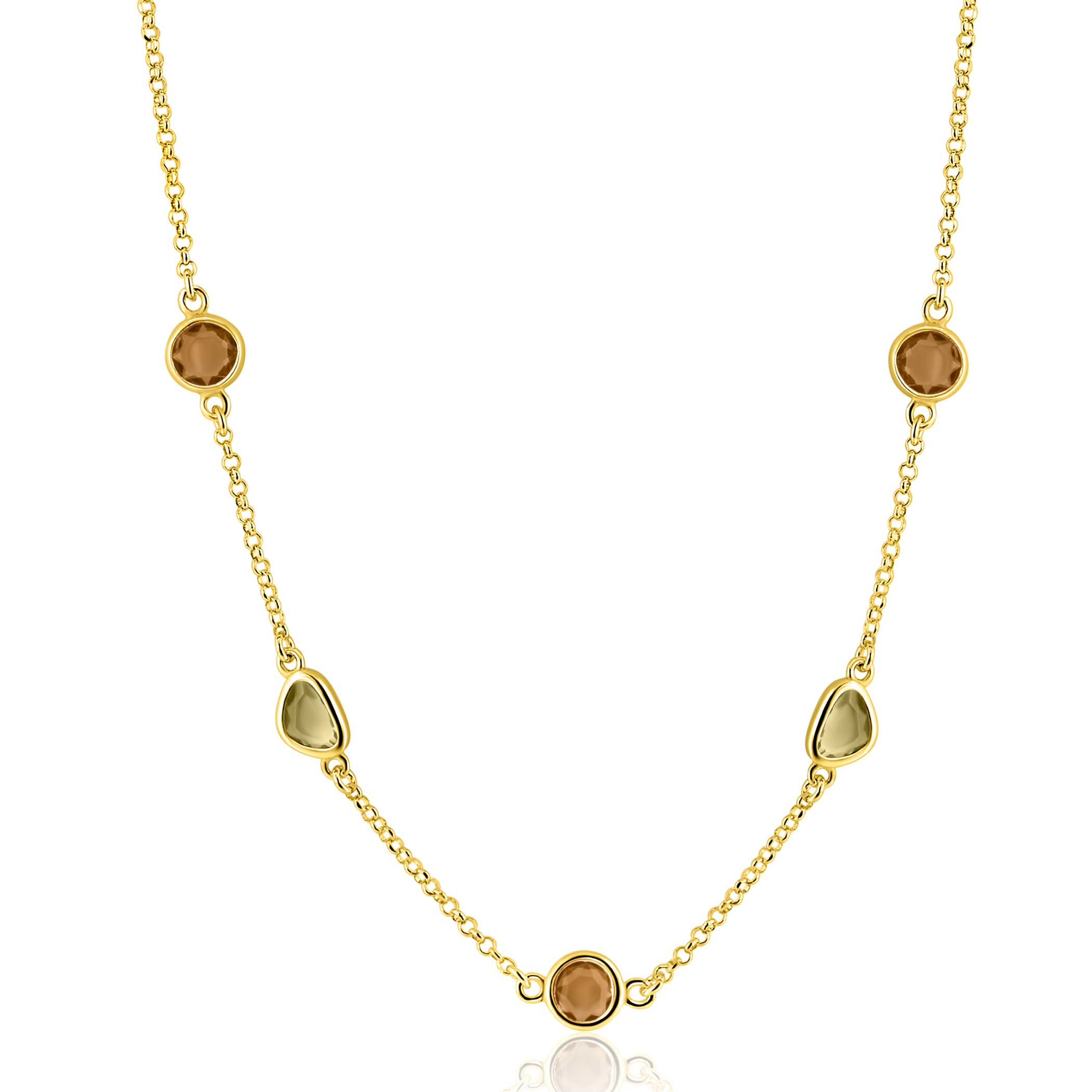 ZINZI gold plated zilveren collier 45cm met speelse vormen, bezet met bruine en olijfgroene kleurstenen ZIC2770