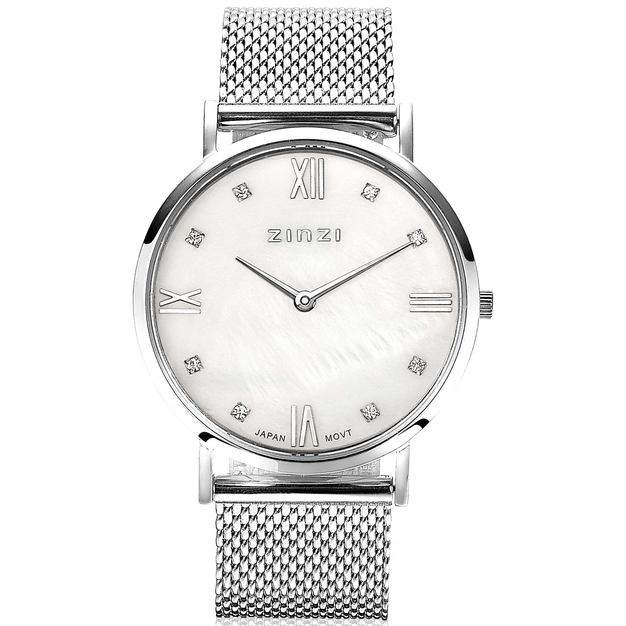 ZINZI Roman horloge witte parelmoer wijzerplaat, witte zirconia's bij uuraanduiding, stalen mesh band 34mm extra dun ZIW521M
