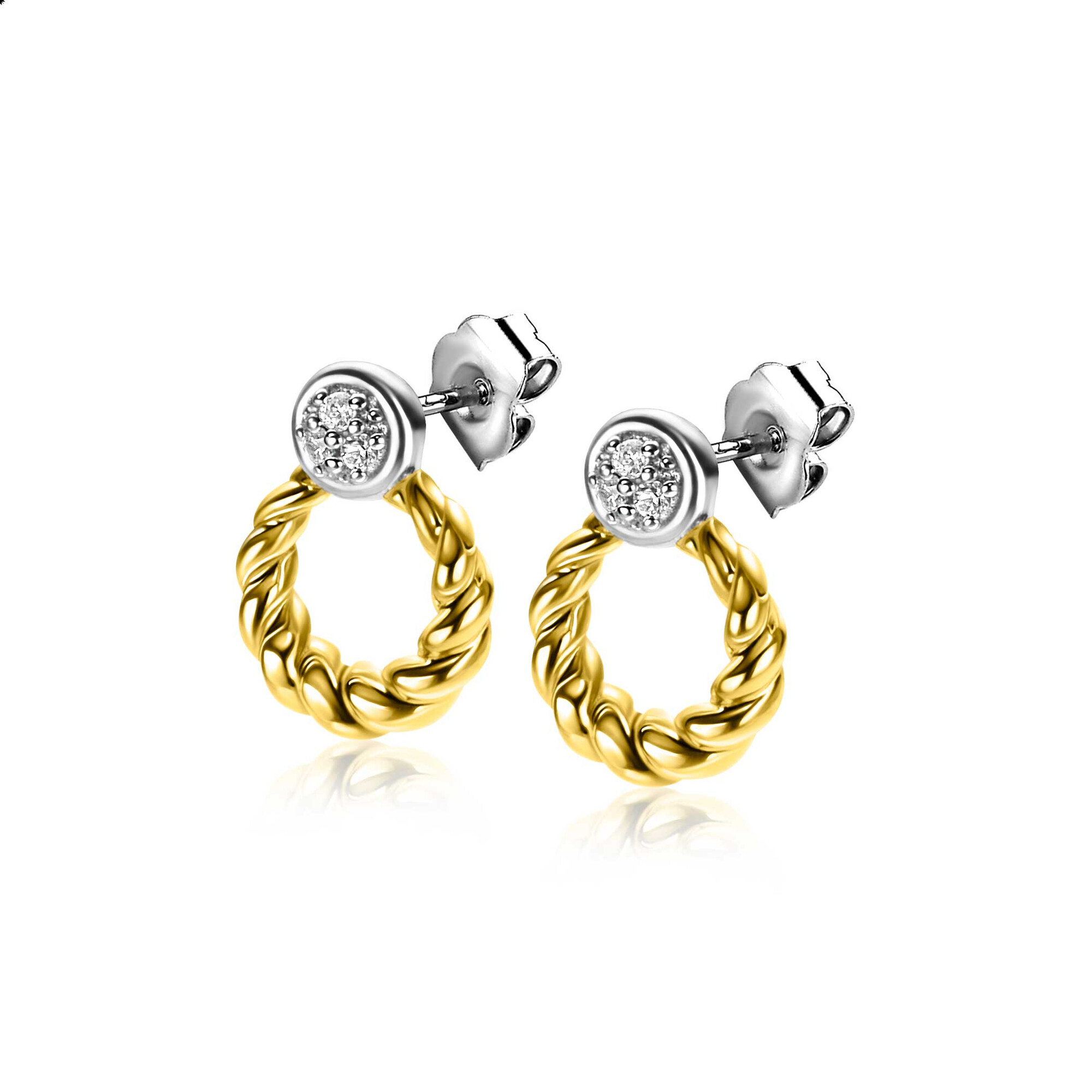 ZINZI zilveren bicolor ronde oorstekers 12mm gedraaid motief, bezet met witte zirconia's ZIO2390Y