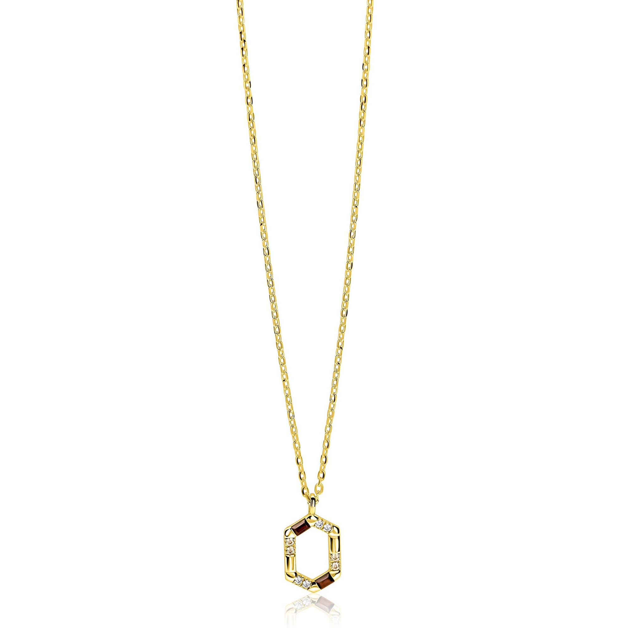 ZINZI gold plated zilveren ketting met zeshoekige hanger (18mm) bezet met champagne, bruine en witte kleurstenen 42-45cm ZIC2869