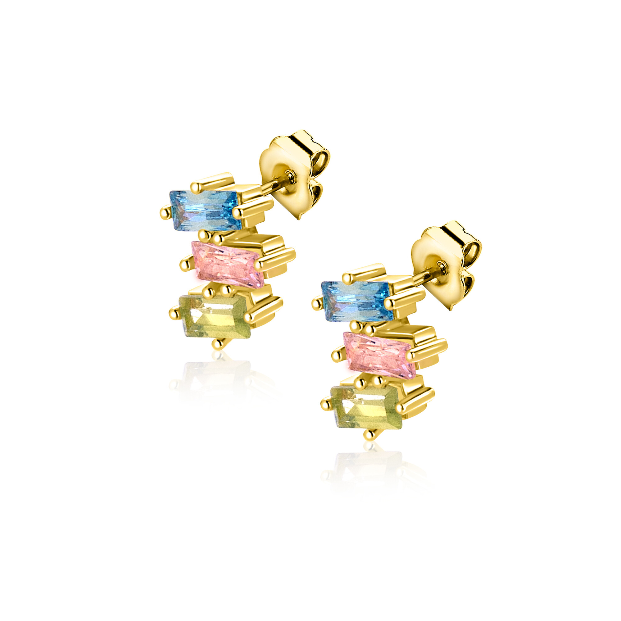 8mm ZINZI gold plated zilveren oorstekers driekleurige baguette zirkonia ZIO2739