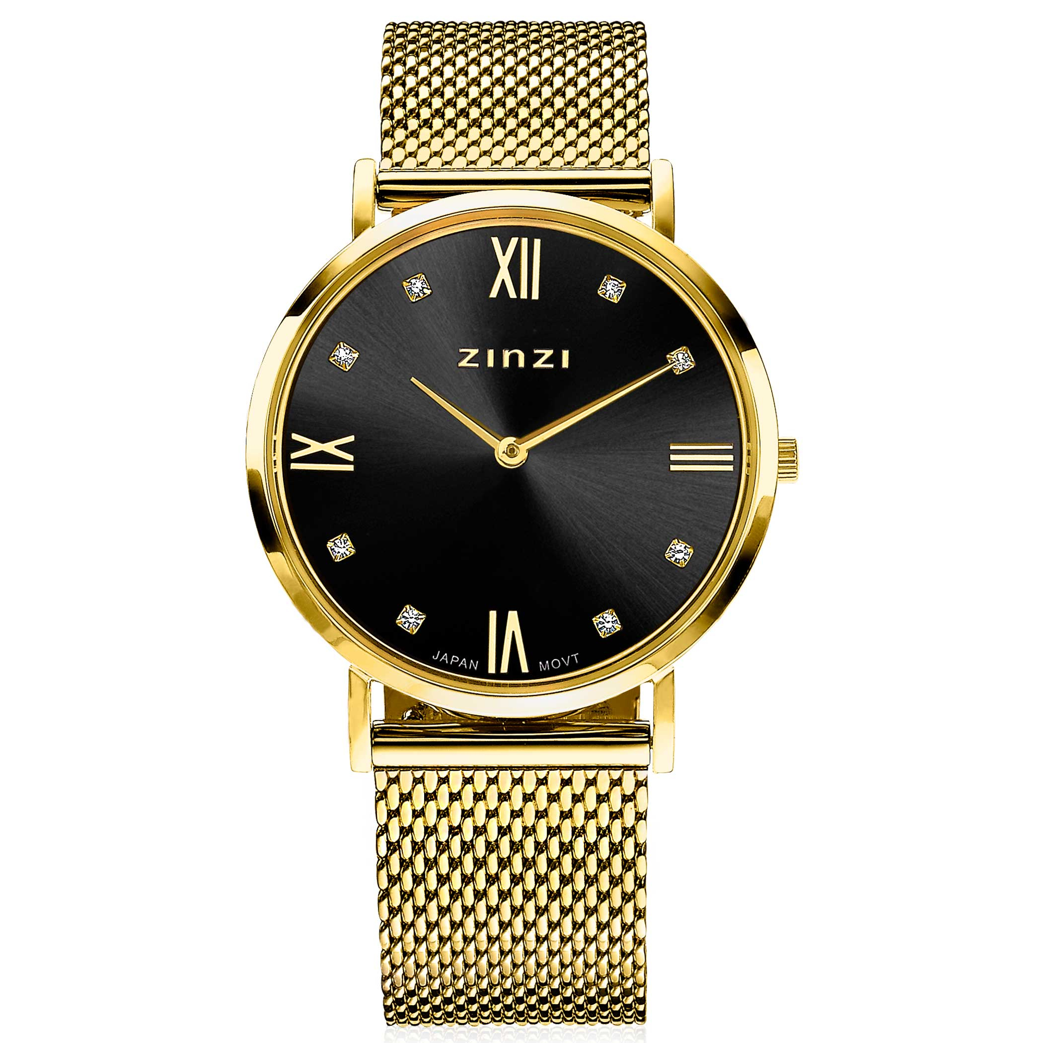 ZINZI Roman horloge zwarte wijzerplaat, witte zirconia's bij uuraanduiding, goudkleurige stalen mesh band 34mm ZIW543M
