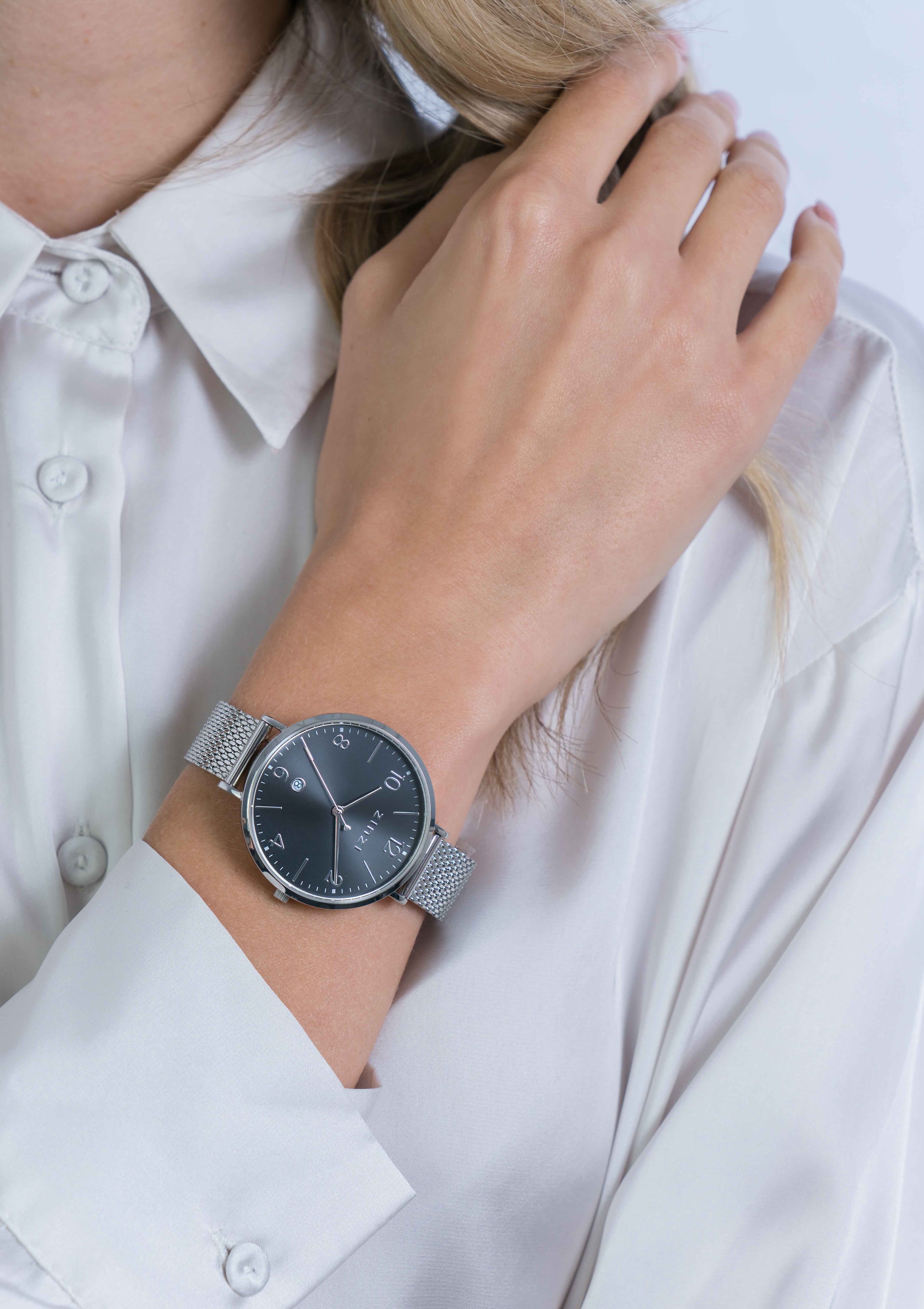 ZINZI horloge SOPHIE zwarte wijzerplaat met datum, stalen kast 38mm, stalen mesh band 14mm ZIW1401
