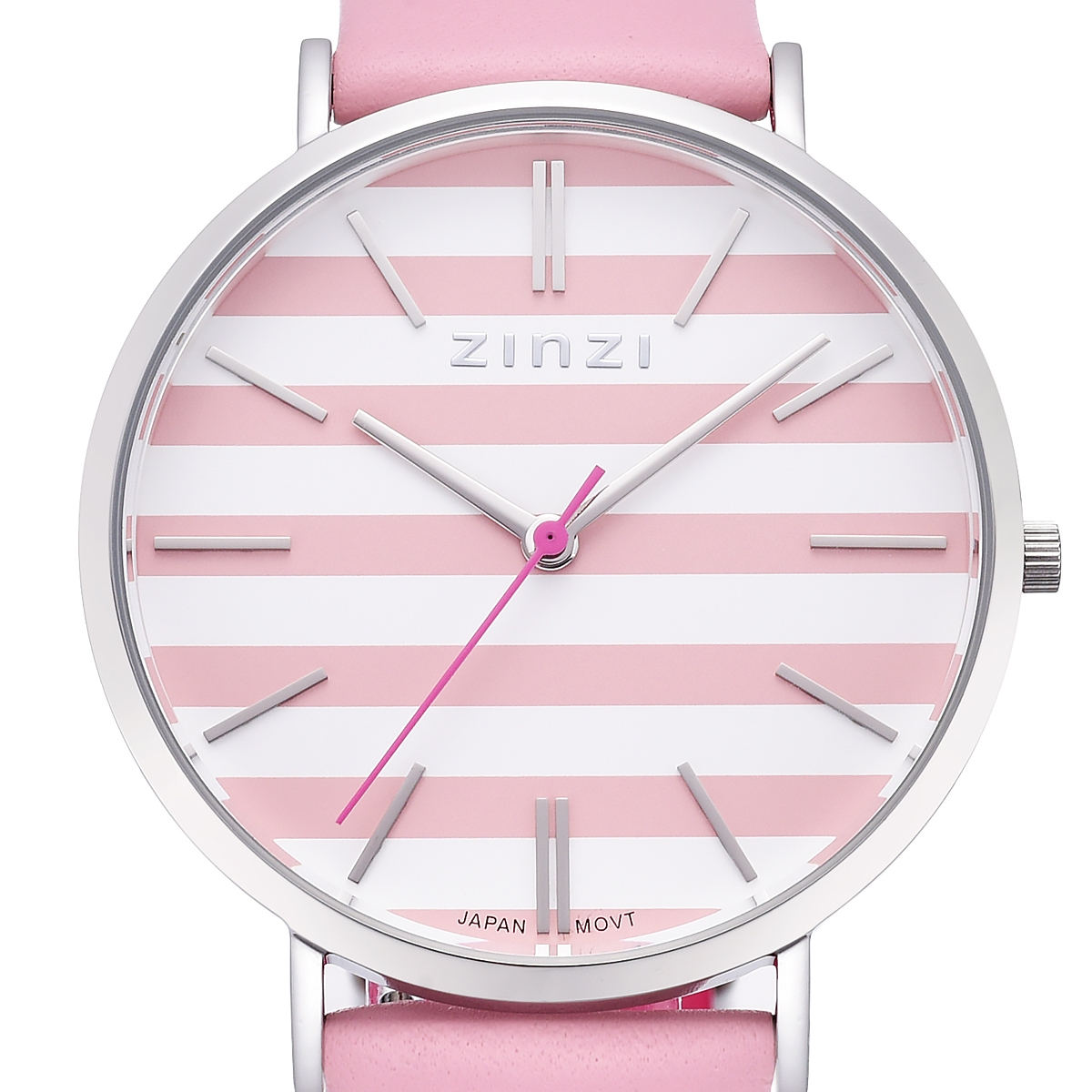 Zinzi Retro horloge roze-wit gestreepte wijzerplaat zilvergekleurde kast roze leren band 38mm extra dun ZIW419R
