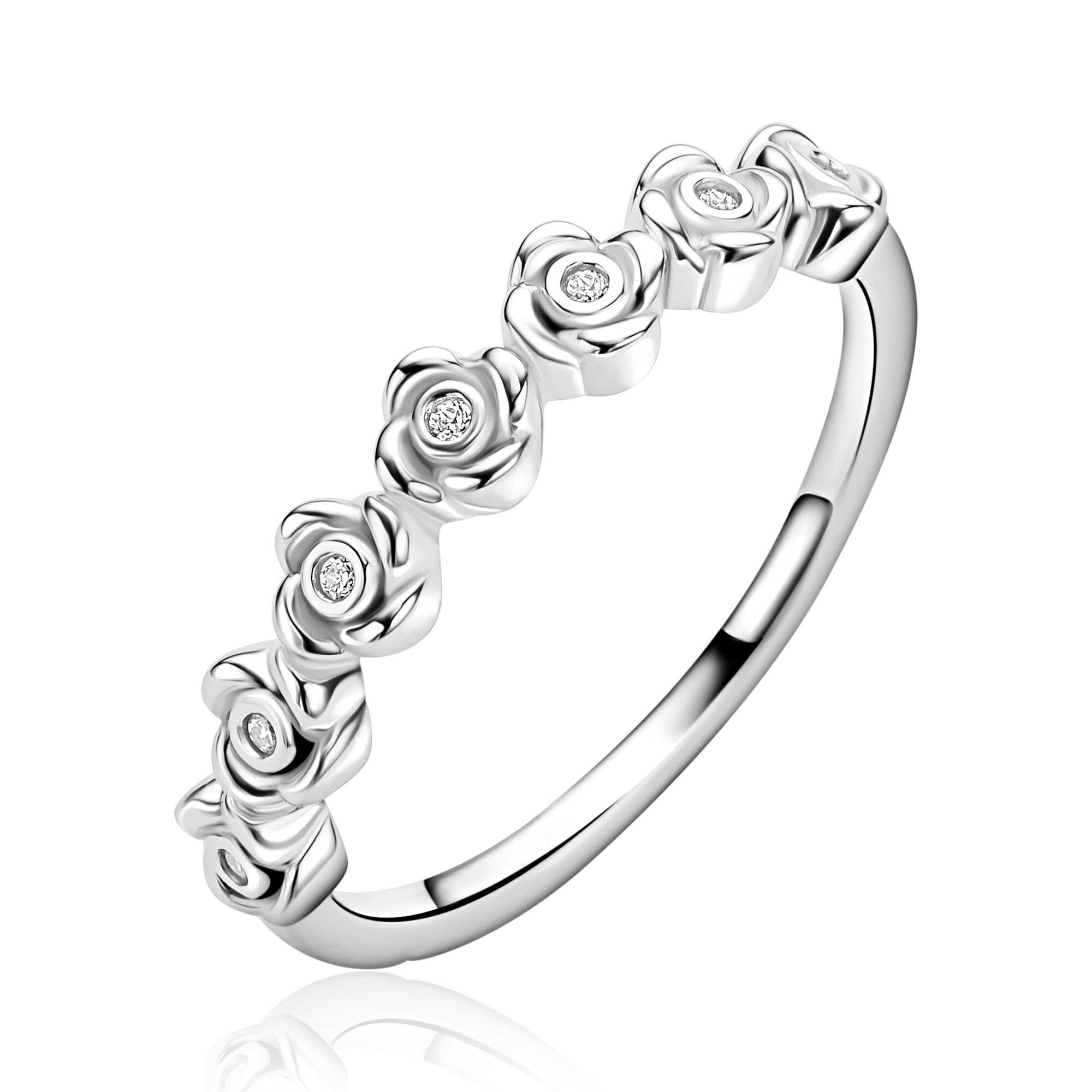 ZINZI zilveren ring met een rij roosjes bezet met witte zirkonia’s in het midden ZIR2873