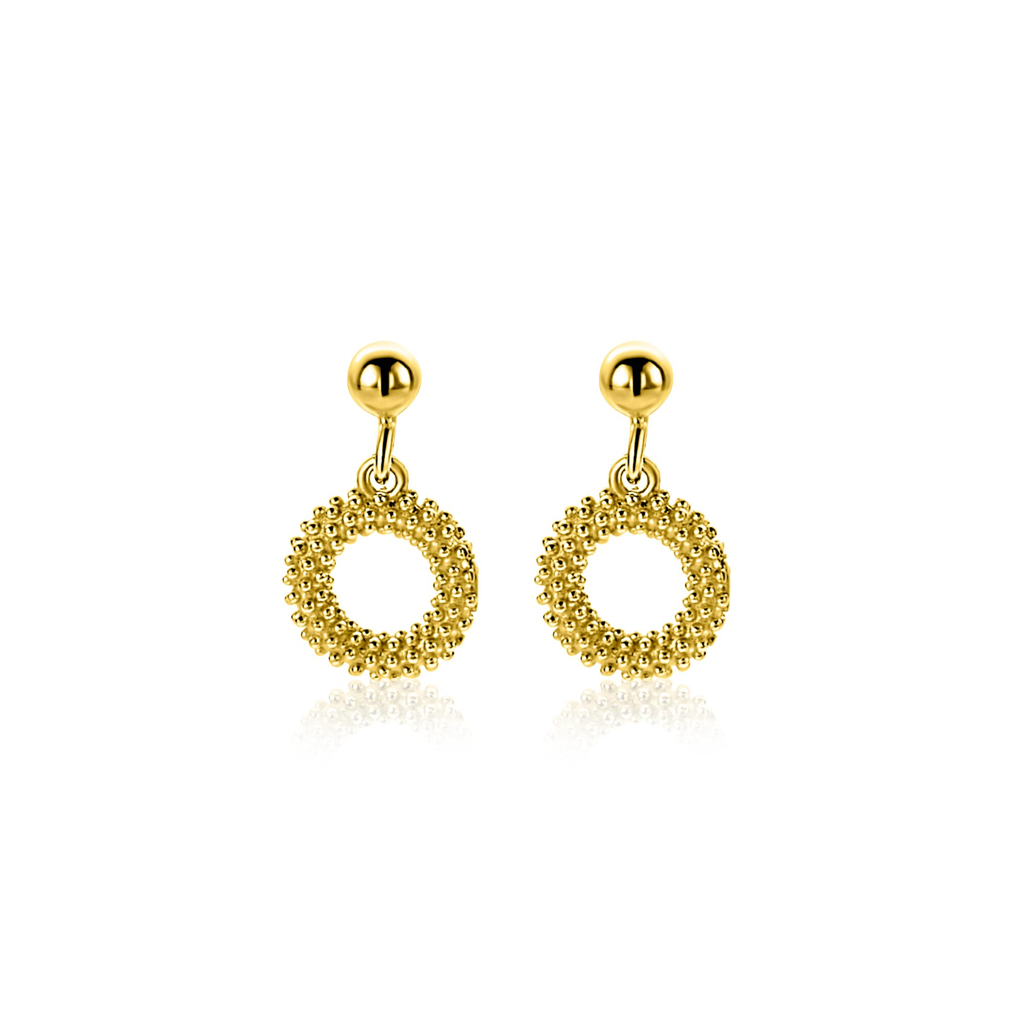 14mm ZINZI gold plated zilveren oorstekers met open rondje van 8,5mm voorzien van een bolstructuur ZIO2704G