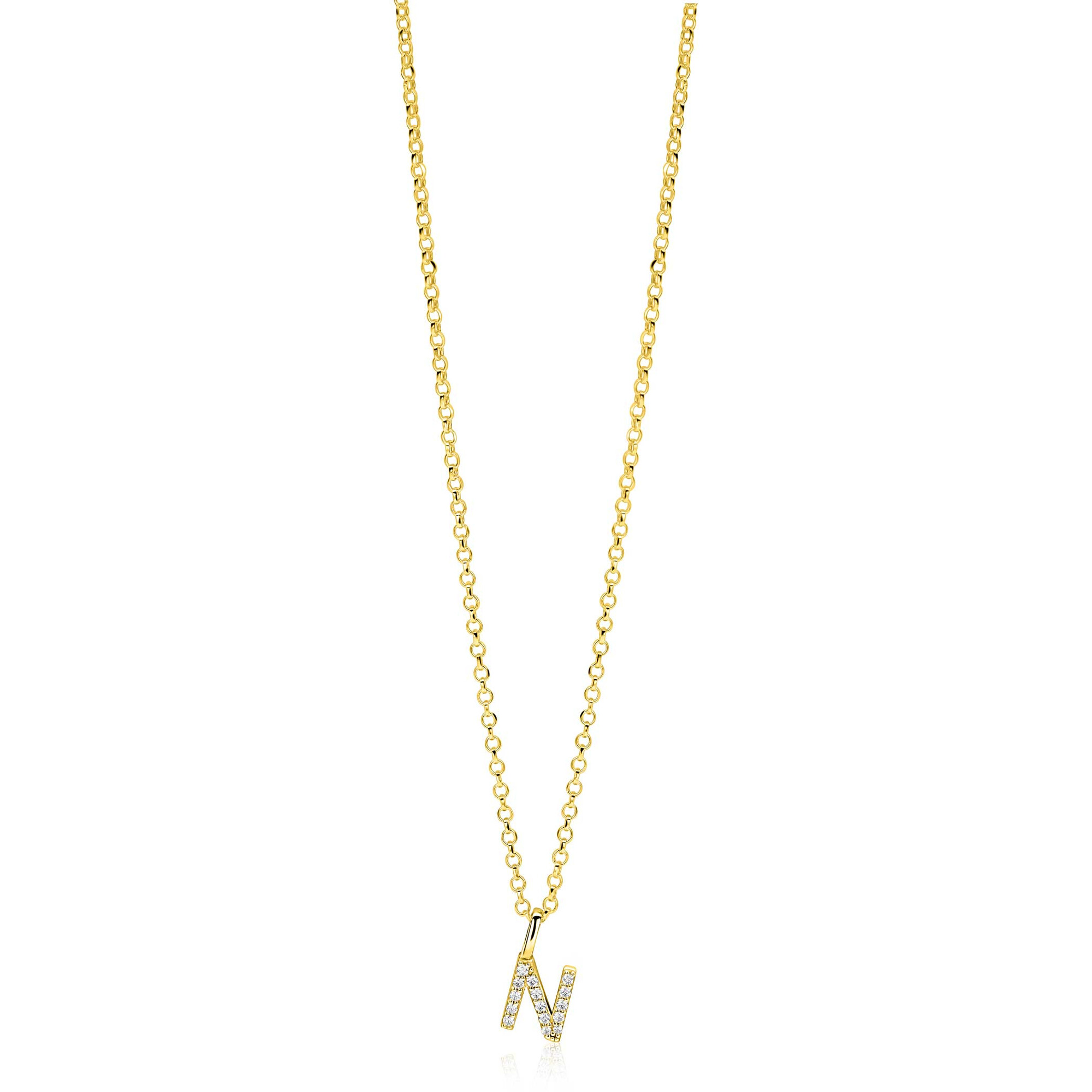 ZINZI gold plated zilveren letter hanger N bezet met witte zirkonia's ZIH2828-N (zonder ketting)
